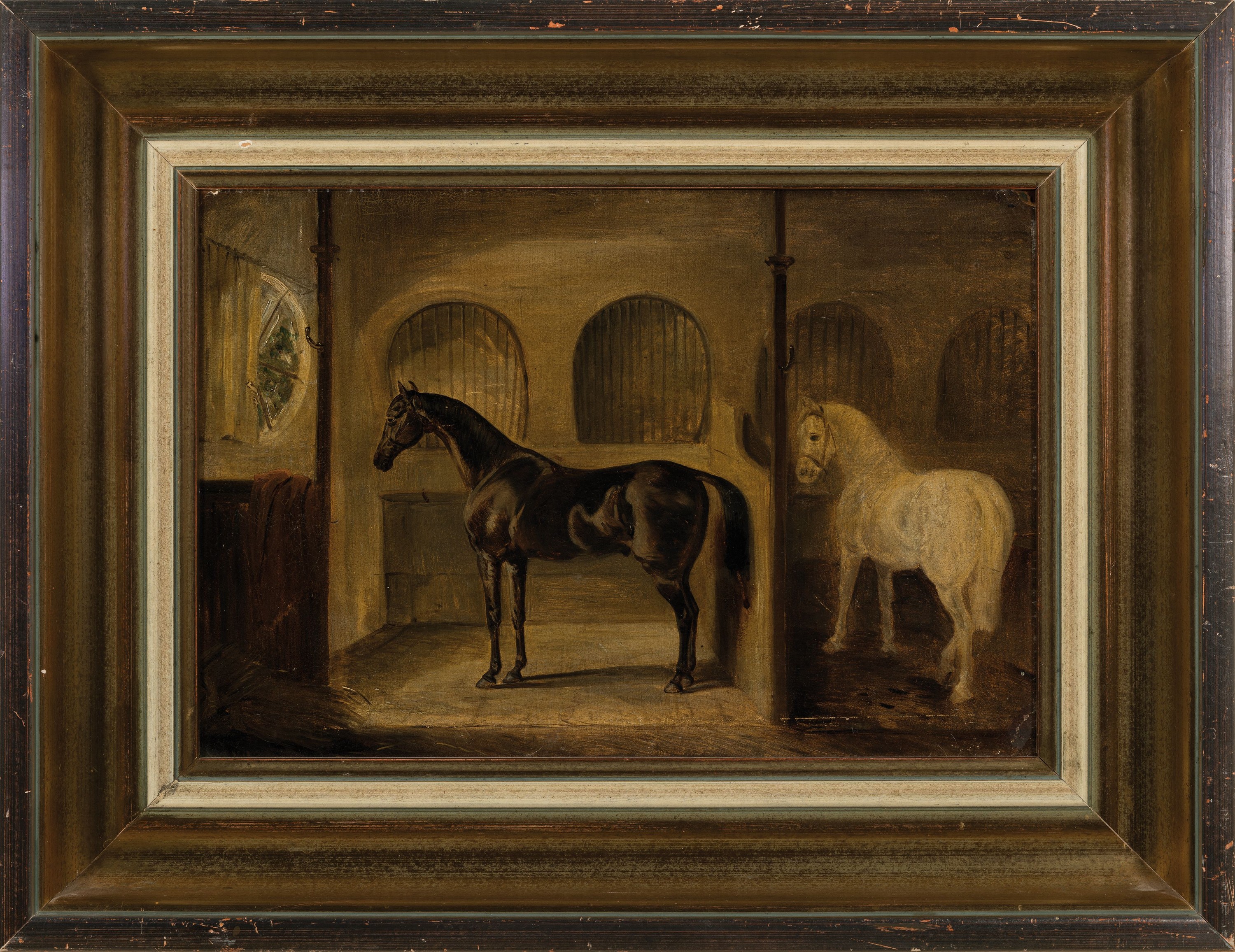 Detail k: Unbekannter Künstler, um 1900, zwei Pferde im Stall, Öl/Malkarton, rest., ca. 28x40cm, R. ca. 42x55cm