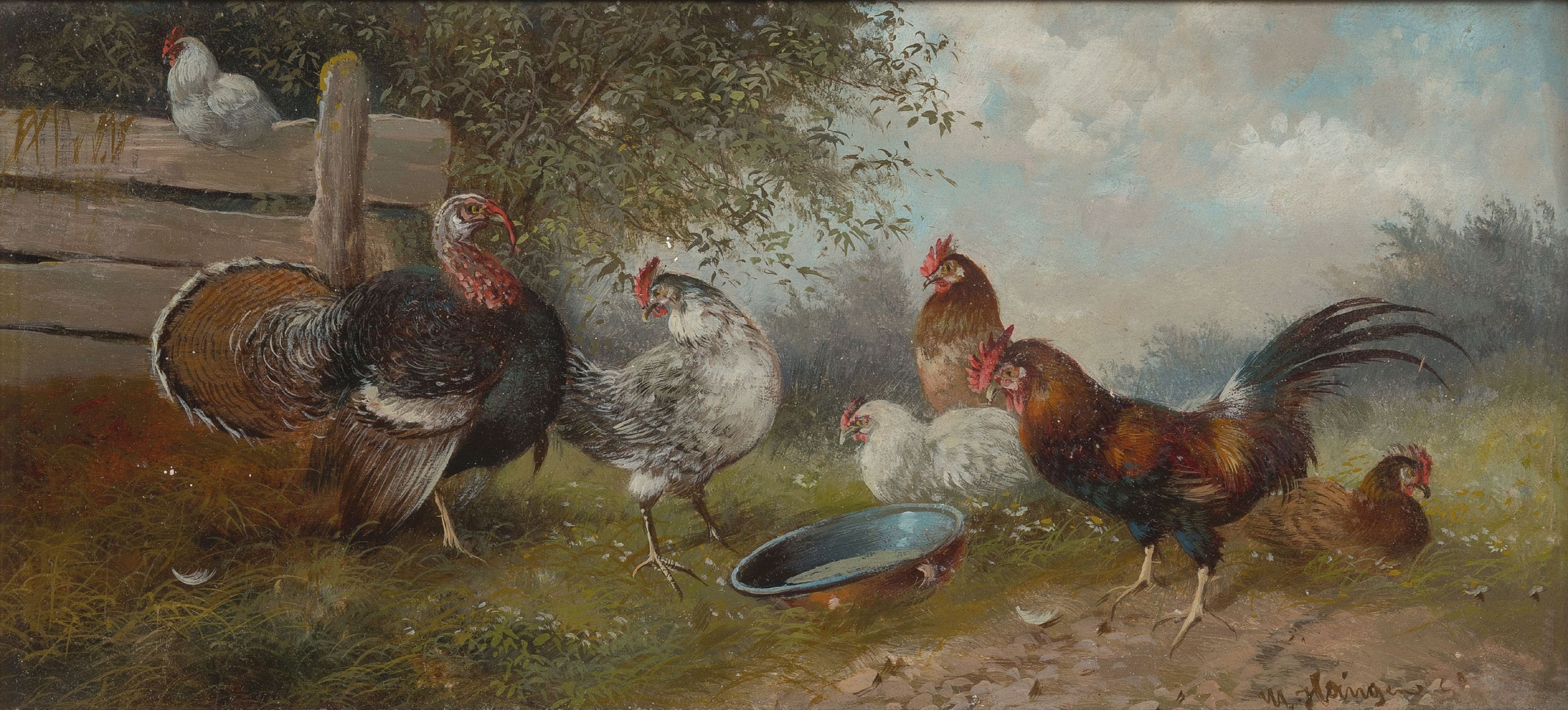 Max Hänger jun., 1898-1961 München, Truthahn, Hahn und Hühner auf dem Hof, Öl/ Holz, rechts unten signiert, ca. 13x27cm, u.Gl., R. ca. 32x45cm