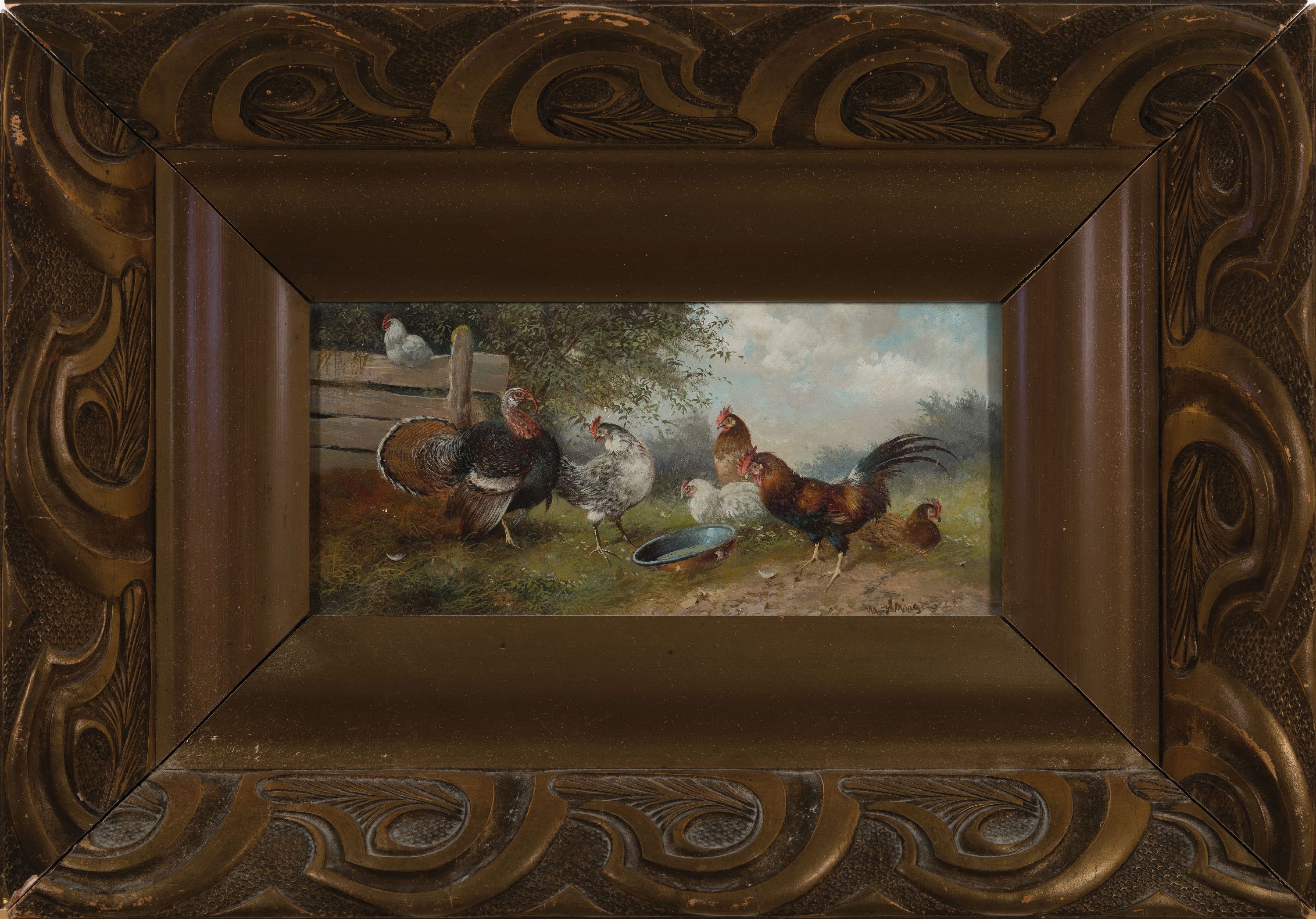 Detail k: Max Hänger jun., 1898-1961 München, Truthahn, Hahn und Hühner auf dem Hof, Öl/ Holz, rechts unten signiert, ca. 13x27cm, u.Gl., R. ca. 32x45cm