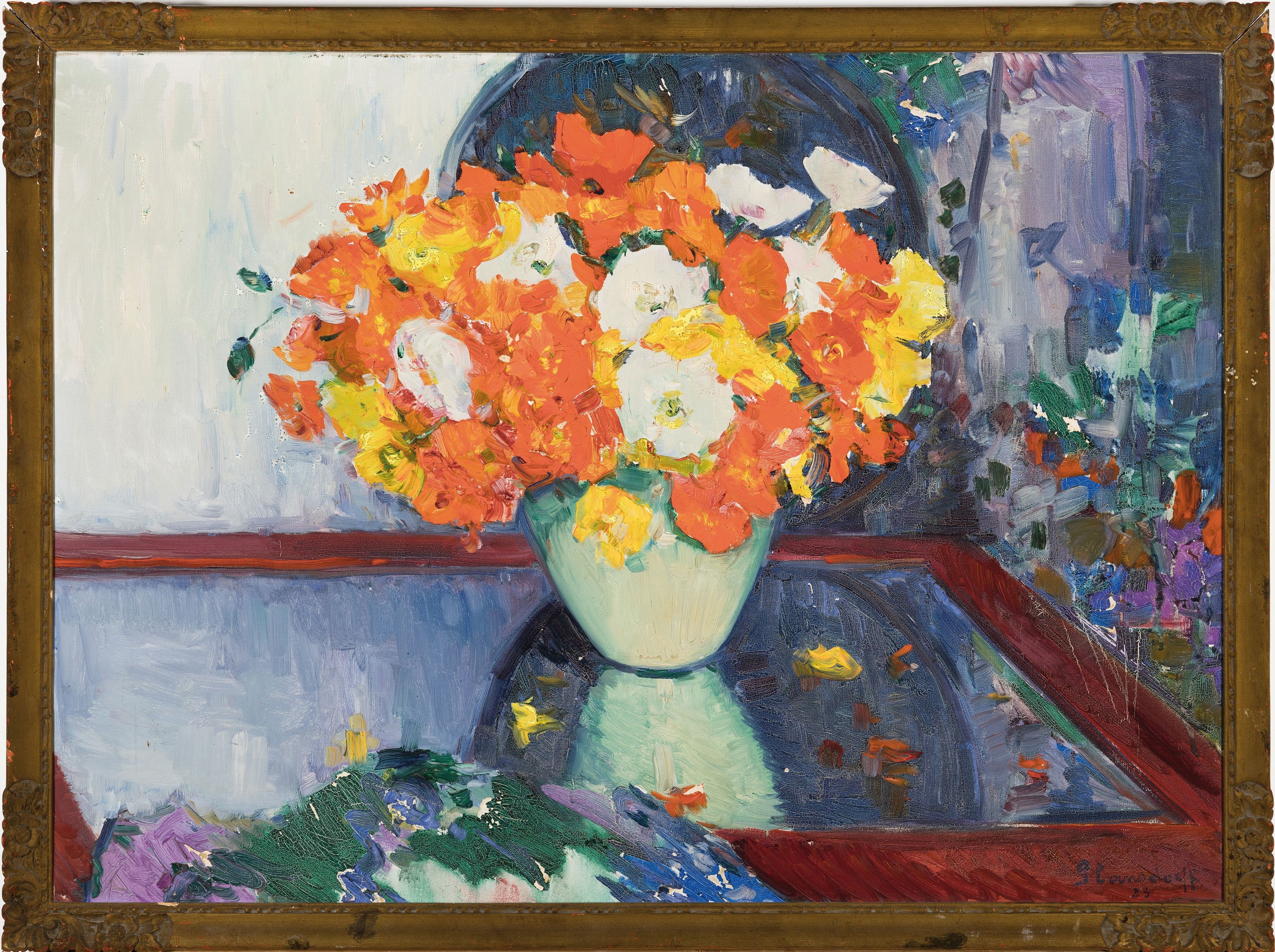 Detail k: Hubert Glansdorff, 1877-1963, belgischer Künstler, Blumenstillleben, Öl/Lwd, rechts unten signiert und dat. 35, ca. 59x80cm, R. ca. 64x85cm