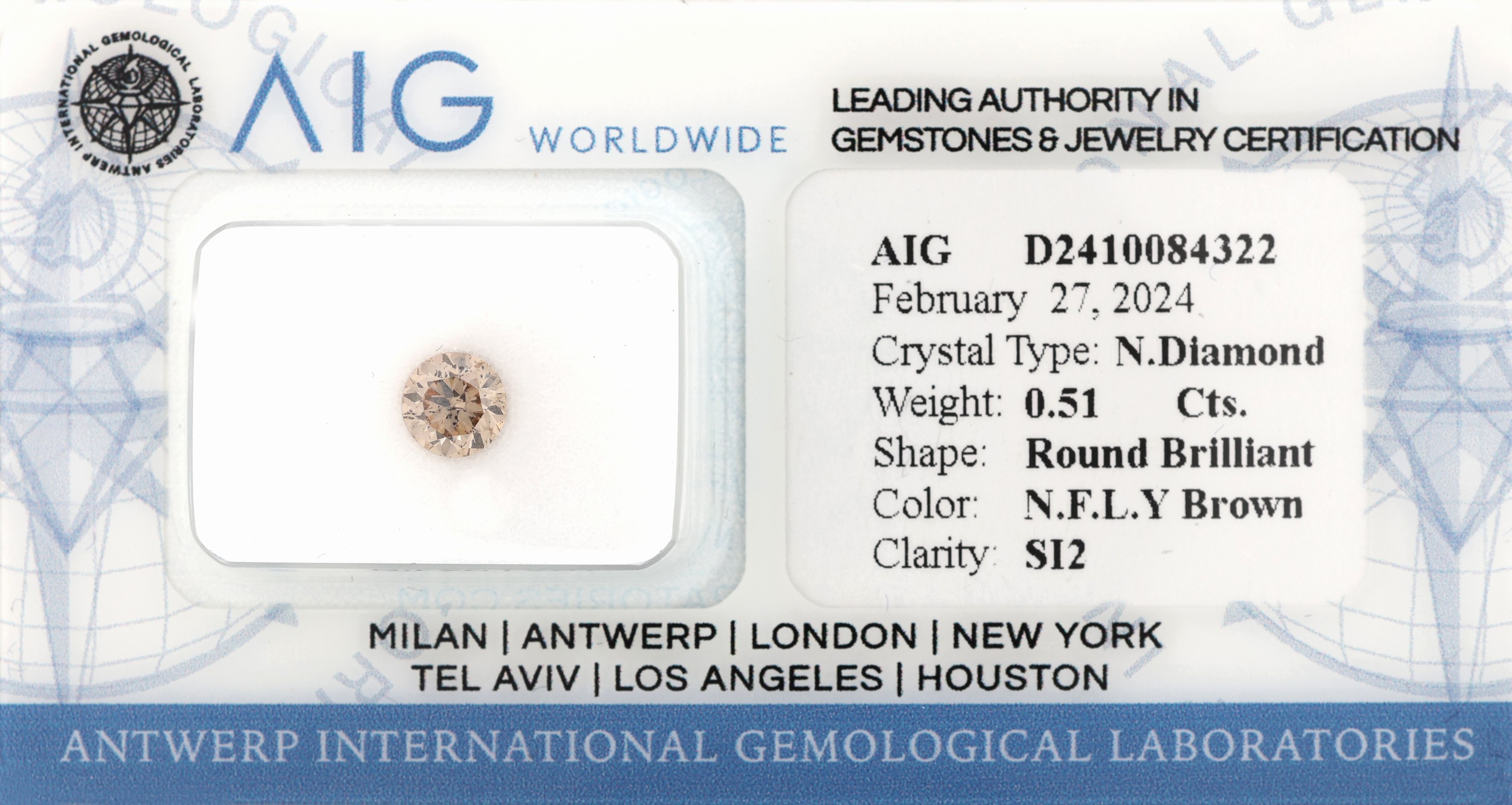 Loser Brillant, 0.51 ct Natural Fancy LightYellowish Brown/si2, AIG-Expertise anbei, verschweißt