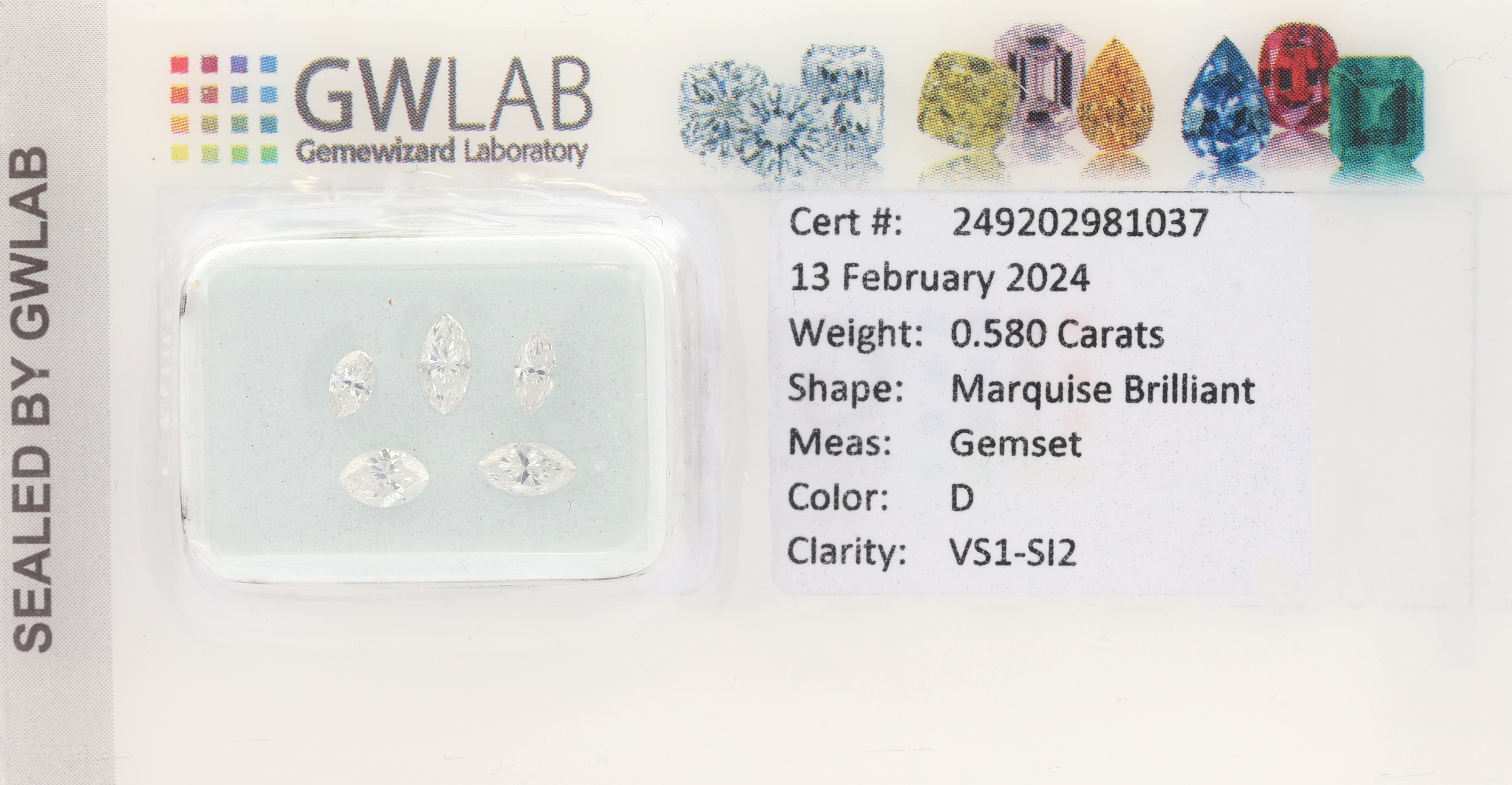 5 Diamantnavettes, zus. 0.58 ct hochfeines Weiß+(D)/vs1-si2, GWLab Expertise anbei, verschweißt
