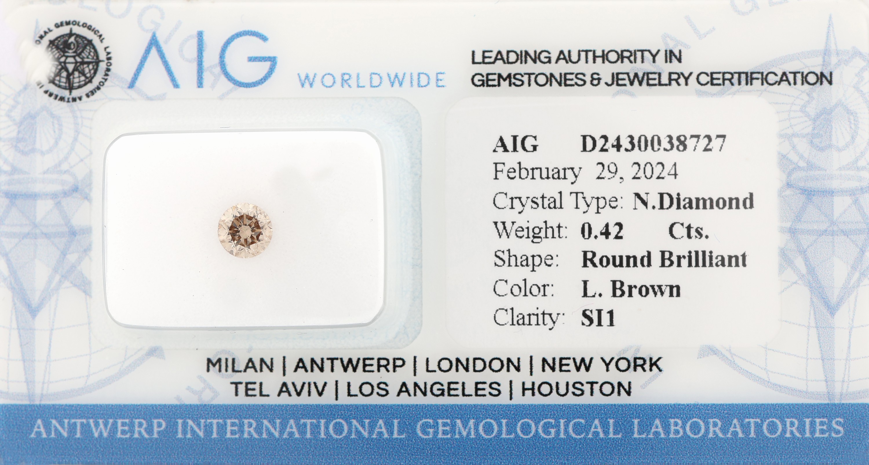 Loser Brillant, 0.42 ct light Brown/si1, mit AIG-Expertise, verschweißt