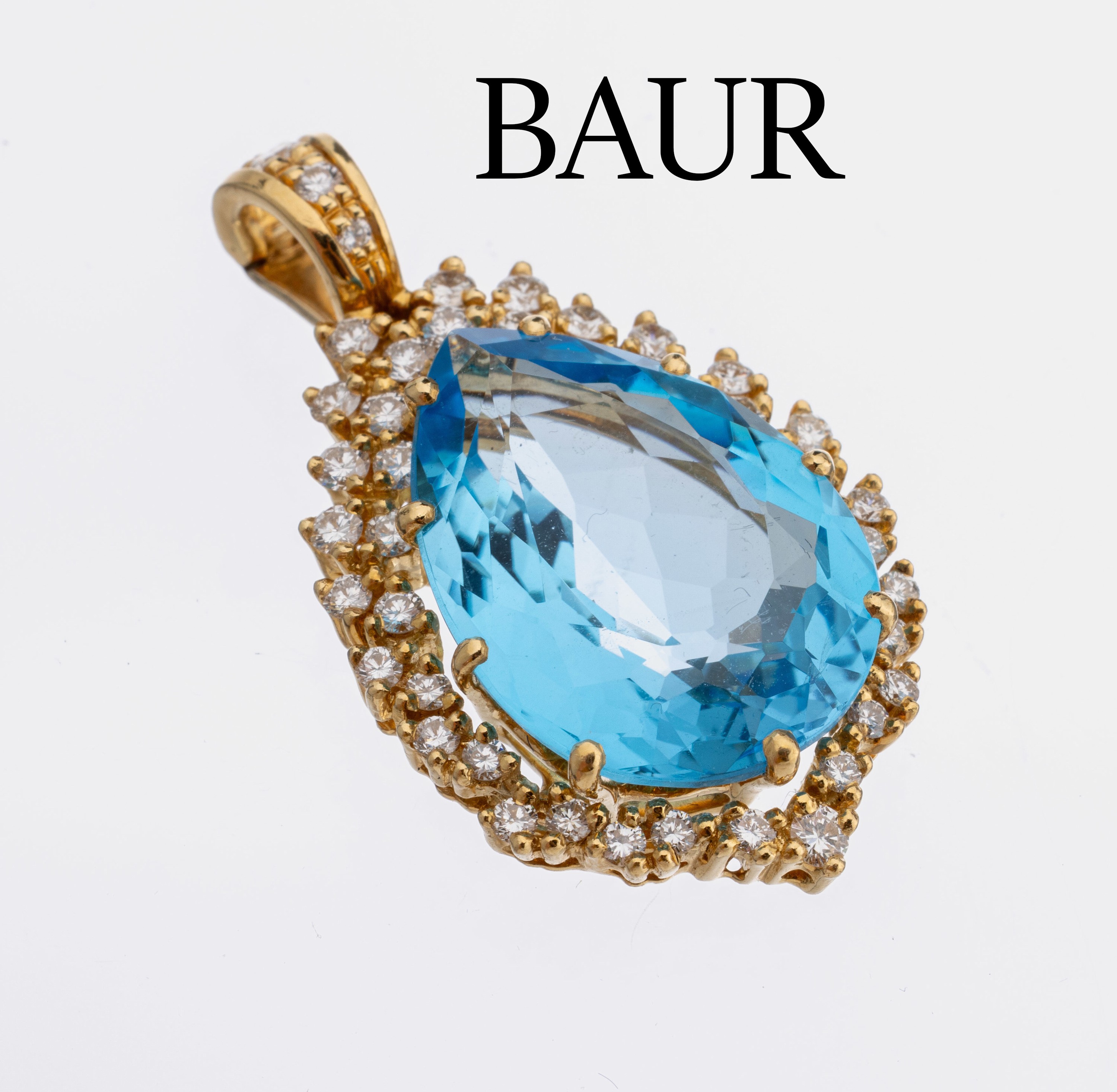 18 kt Gold Topas-Brillant-Clipanhänger, GG 750/000, mittig facett. Blautopastropfen (beh.) ca. 12.00 ct, umgeben von 42 Brillantenzus. ca. 1.10 ct ...