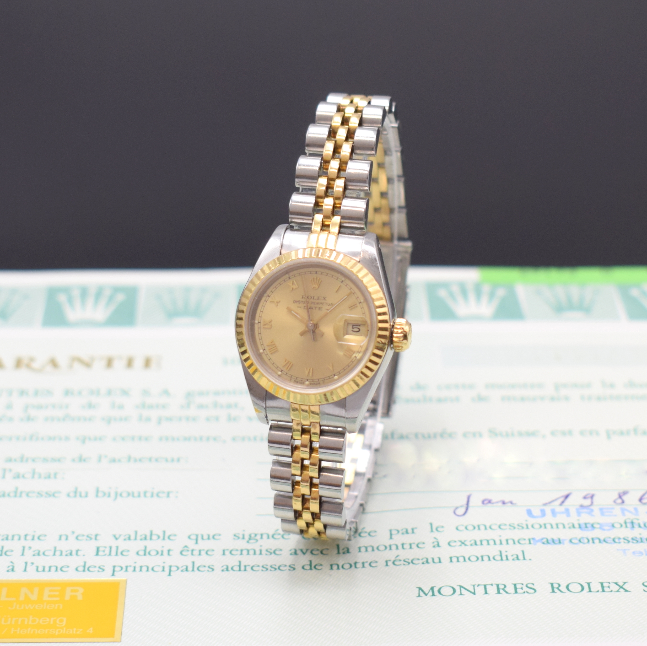 ROLEX Damenarmbanduhr Oyster Perpetual Date Referenz 69173, Schweiz verk. lt. beil. Garantie 01/1986, Automatik, Edelstahl/Gold kombiniert inkl. ...