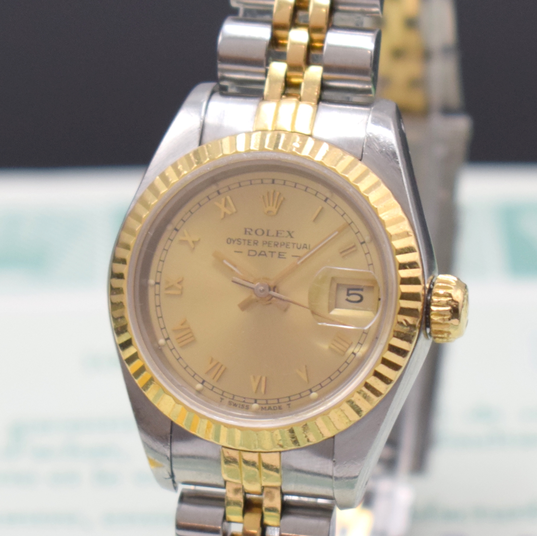 Detail a: ROLEX Damenarmbanduhr Oyster Perpetual Date Referenz 69173, Schweiz verk. lt. beil. Garantie 01/1986, Automatik, Edelstahl/Gold kombiniert inkl. ...