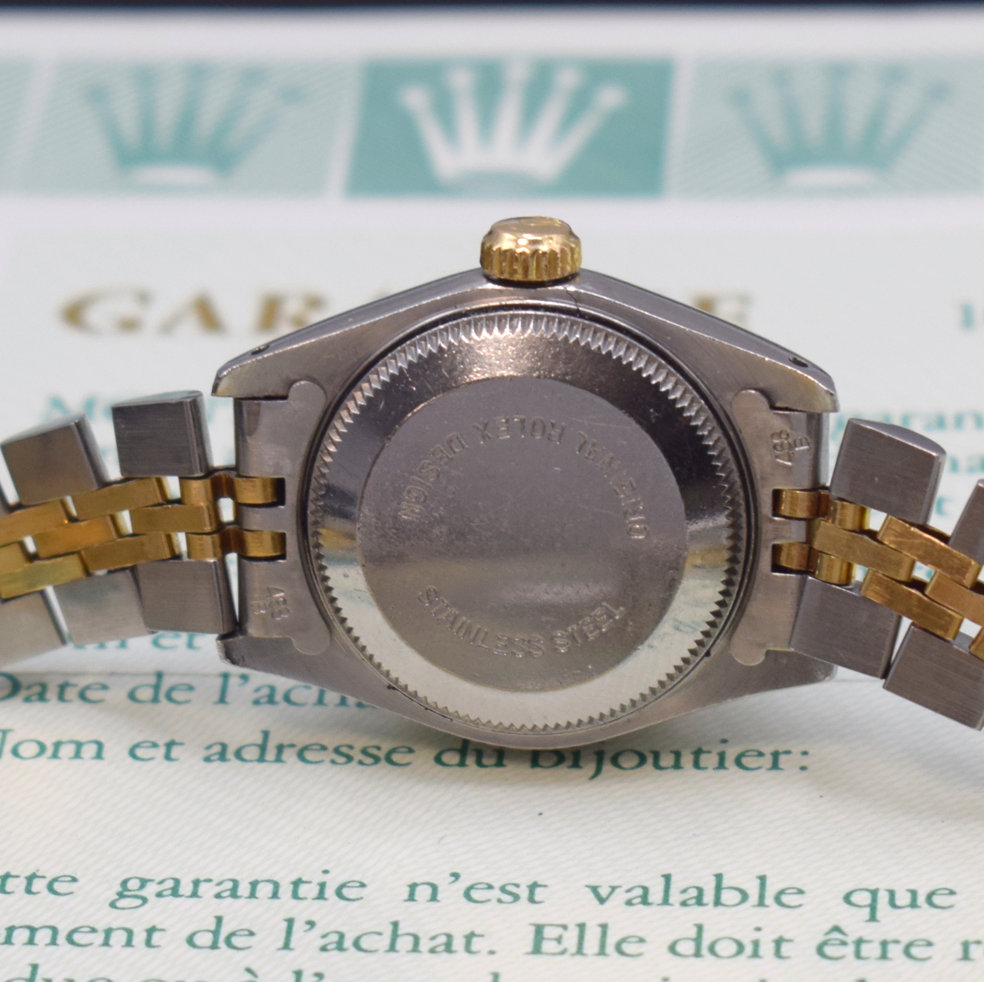 Detail d: ROLEX Damenarmbanduhr Oyster Perpetual Date Referenz 69173, Schweiz verk. lt. beil. Garantie 01/1986, Automatik, Edelstahl/Gold kombiniert inkl. ...