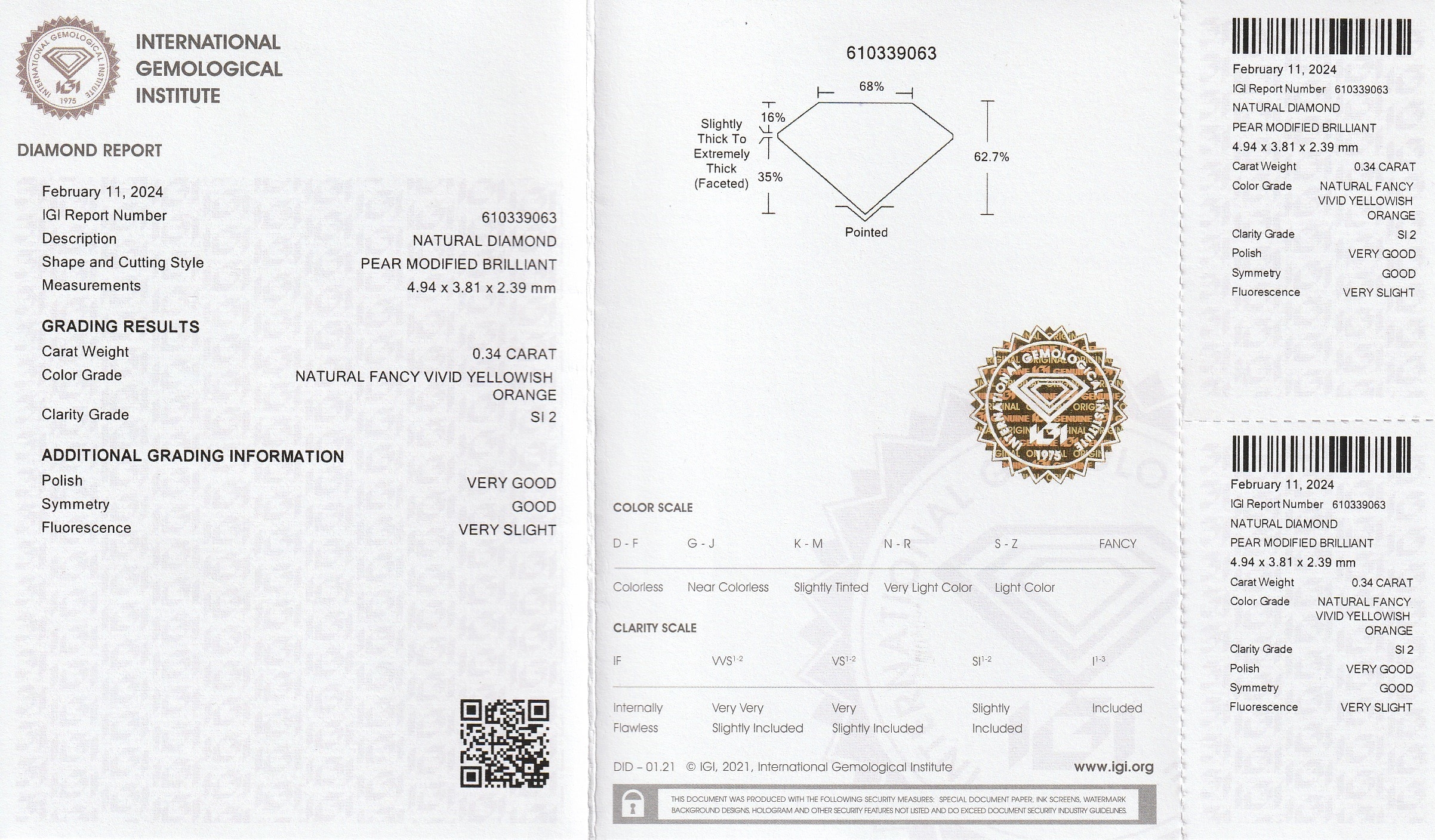 Detail a: Loser Diamanttropfen 0.34 ct, Gelb-Orange/ si2, verschweißt, mit IGI Expertise
