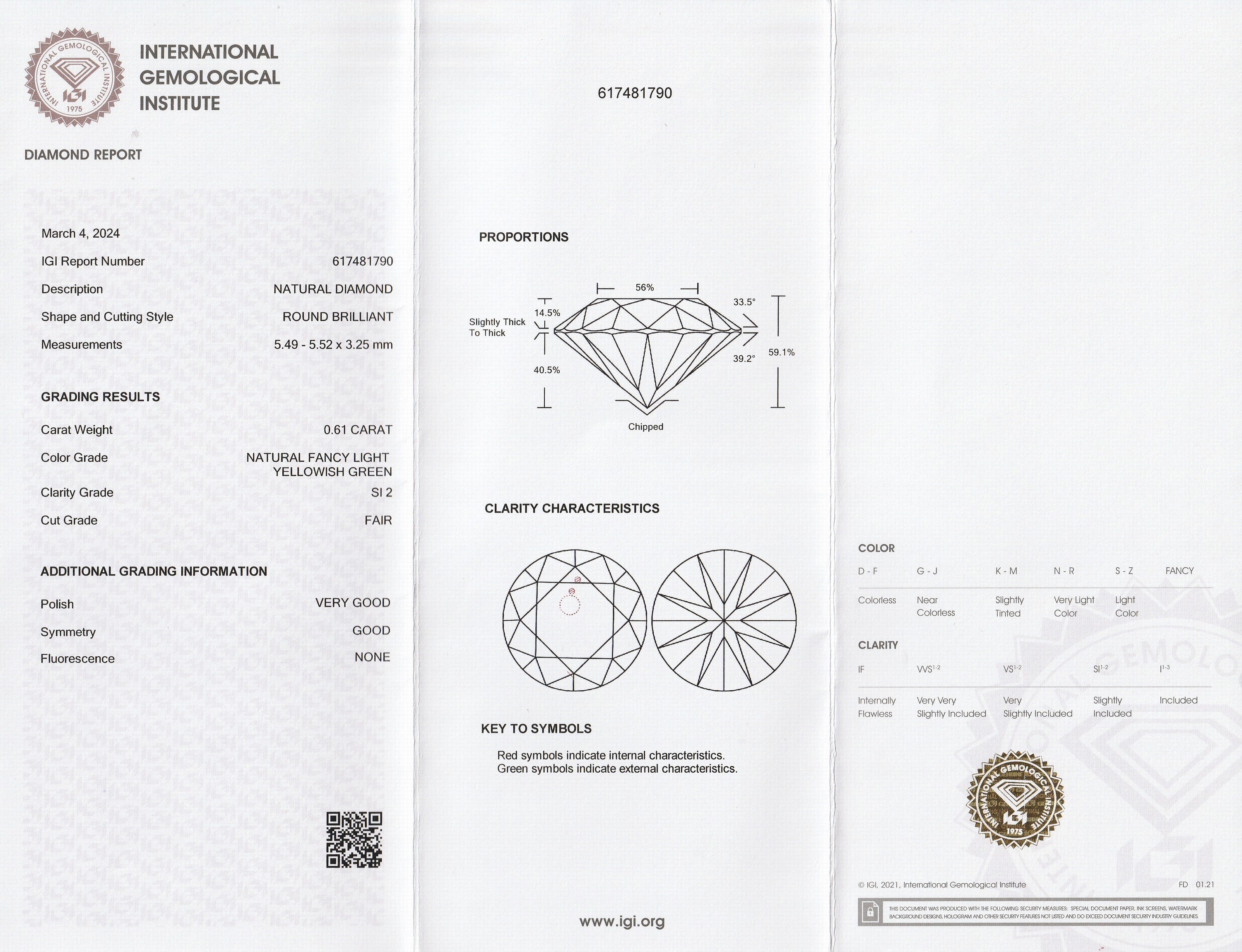 Detail a: Loser Brillant 0.61 ct, Gelb-Grün/si2 mit IGI-Expertise, verschweißt