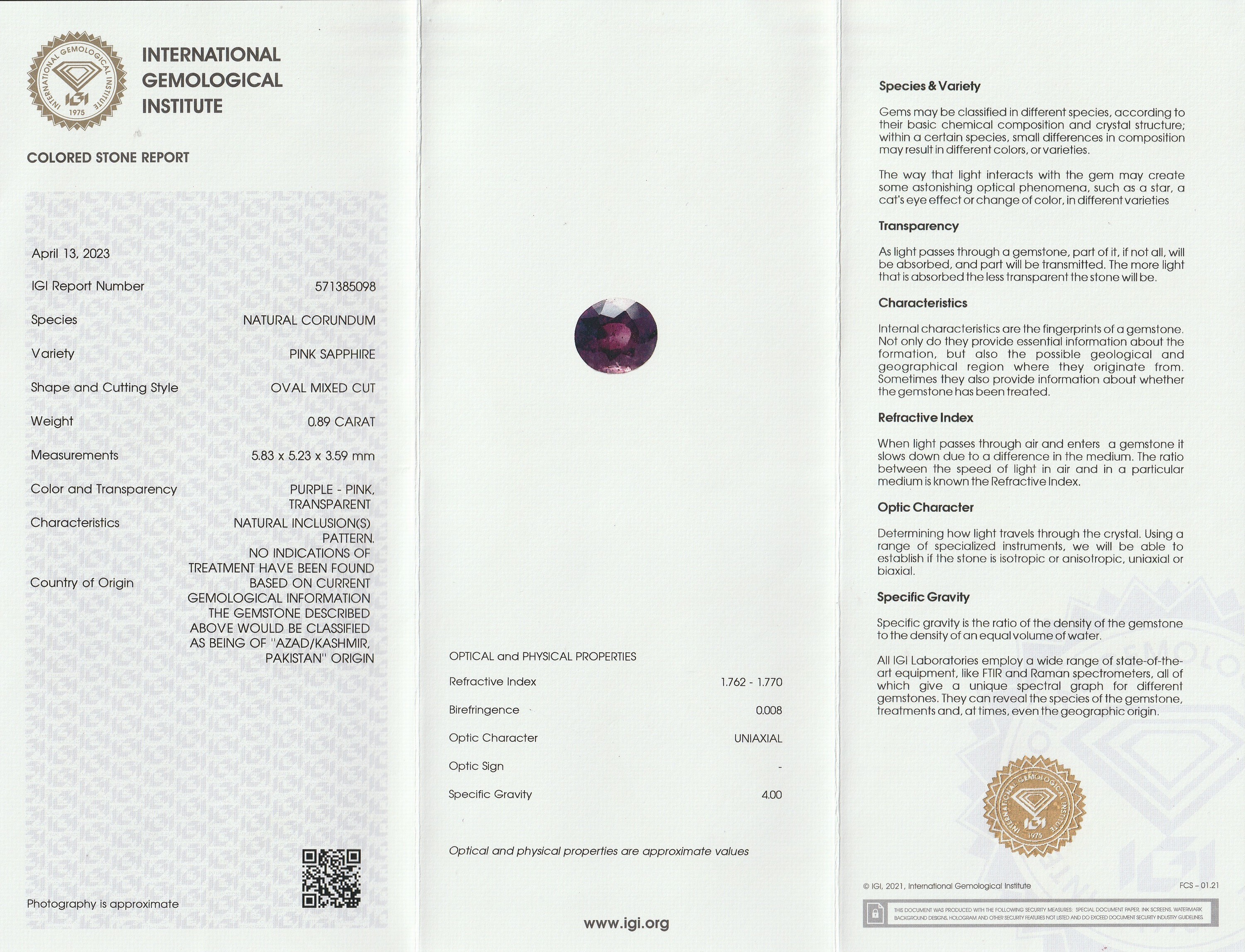 Detail a: Loser facett. Pinksaphir, 0.89 ct, oval, mit IGI Expertise, verschweißt