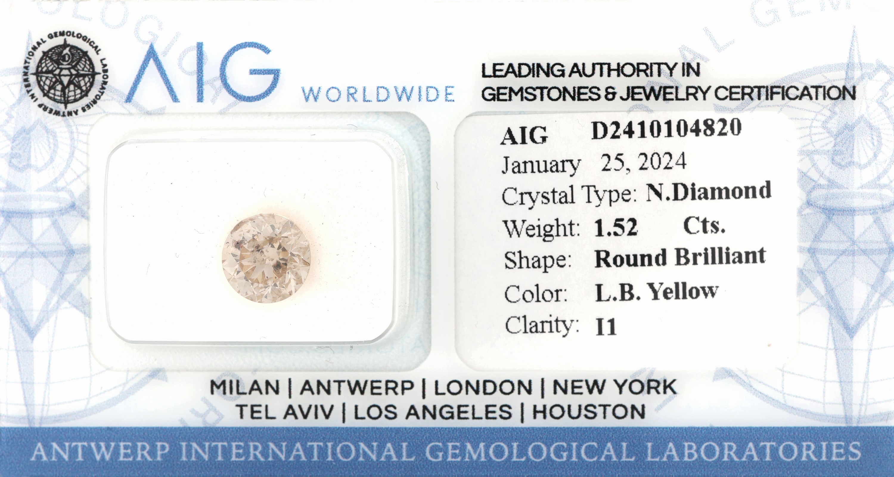 Loser Brillant 1.52 ct, l.Braun-Gelb/p1, mit AIG-Expertise, verschweißt