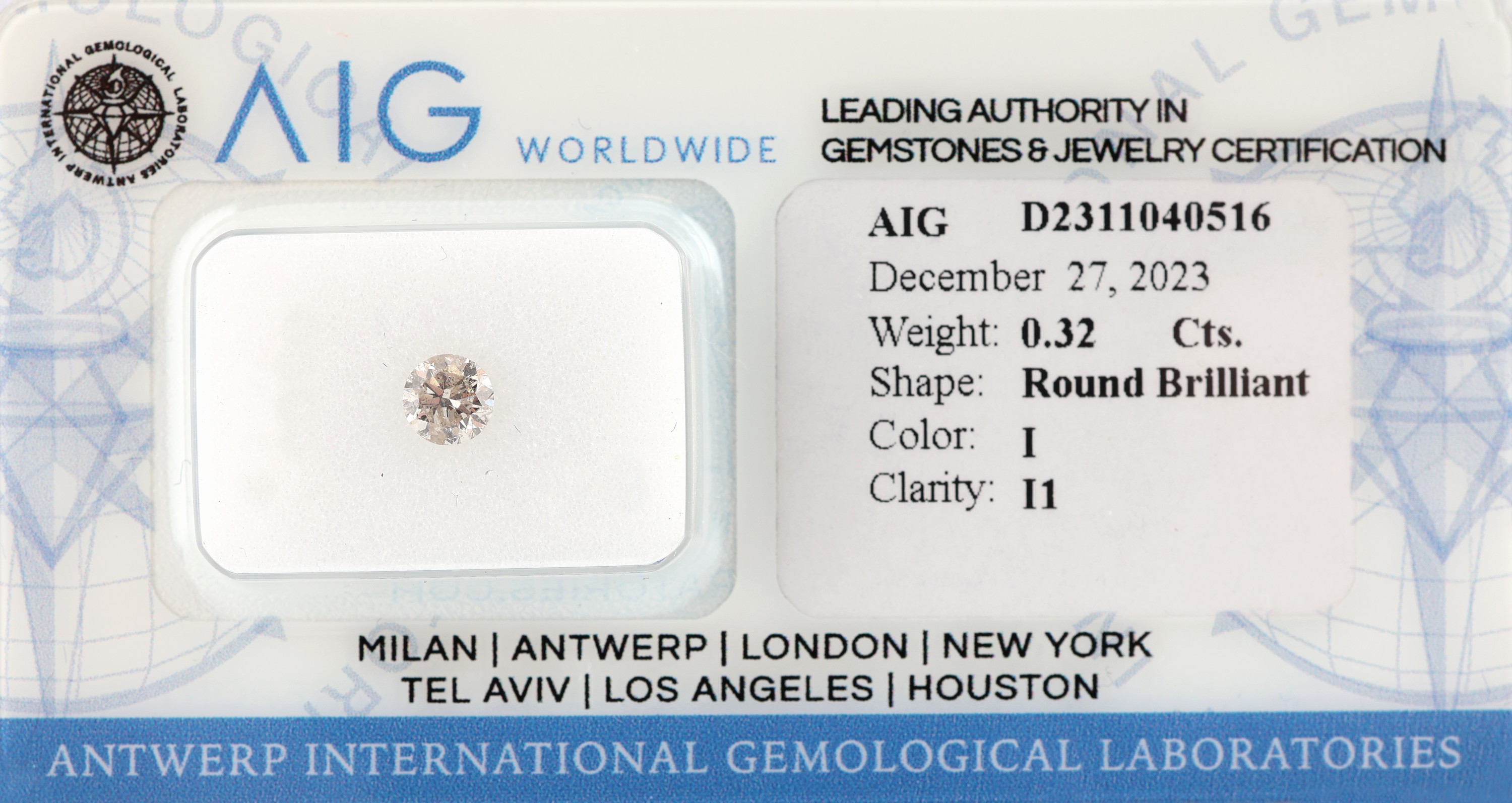 Loser Brillant 0.32 ct get.Weiß(L)/p1, mit AIG-Expertise, verschweißt