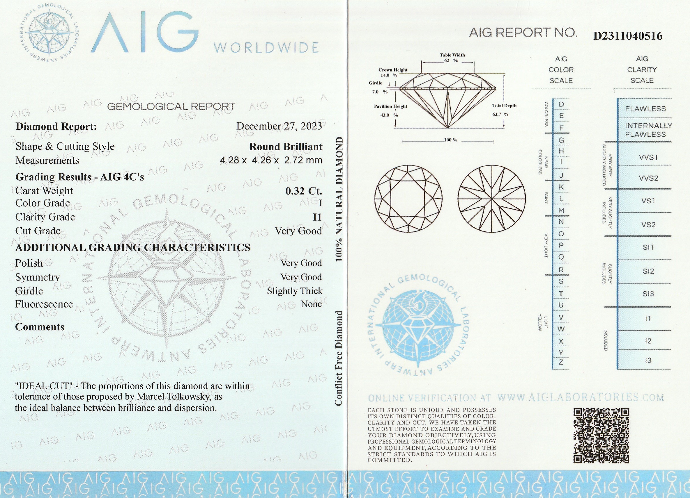 Detail a: Loser Brillant 0.32 ct get.Weiß(L)/p1, mit AIG-Expertise, verschweißt