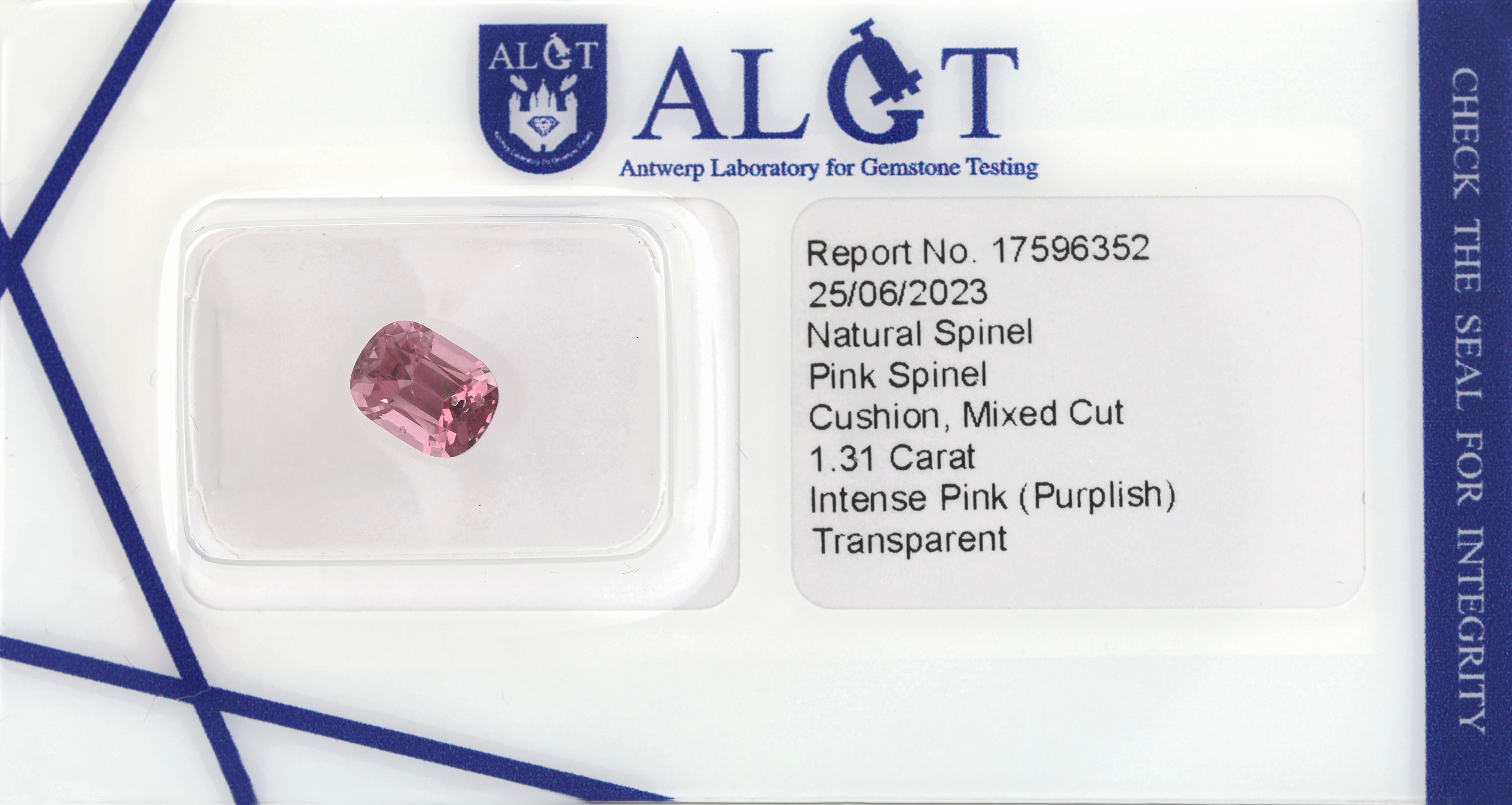 Loser facett. Spinell, 1.31 ct, Pink, im Kissenschliff, mit ALGT Expertise, verschweißt