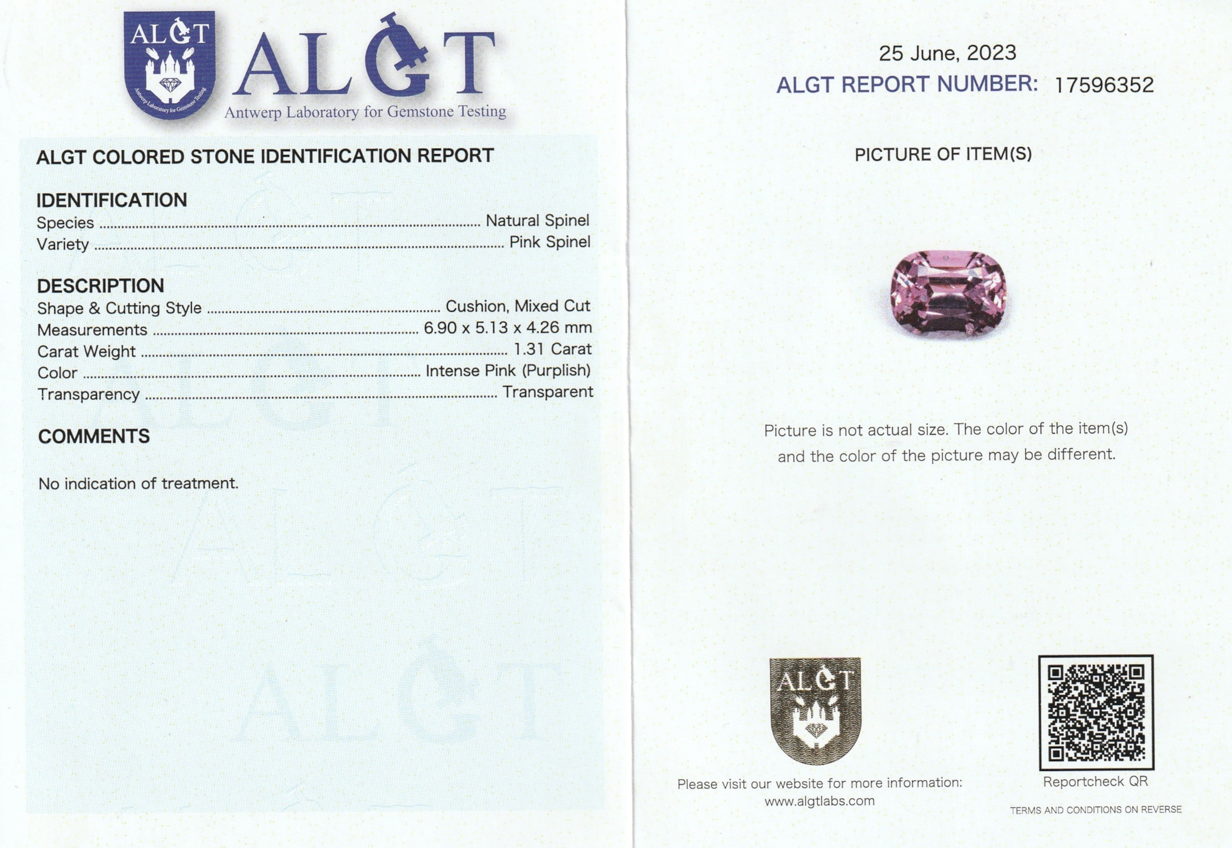 Detail a: Loser facett. Spinell, 1.31 ct, Pink, im Kissenschliff, mit ALGT Expertise, verschweißt