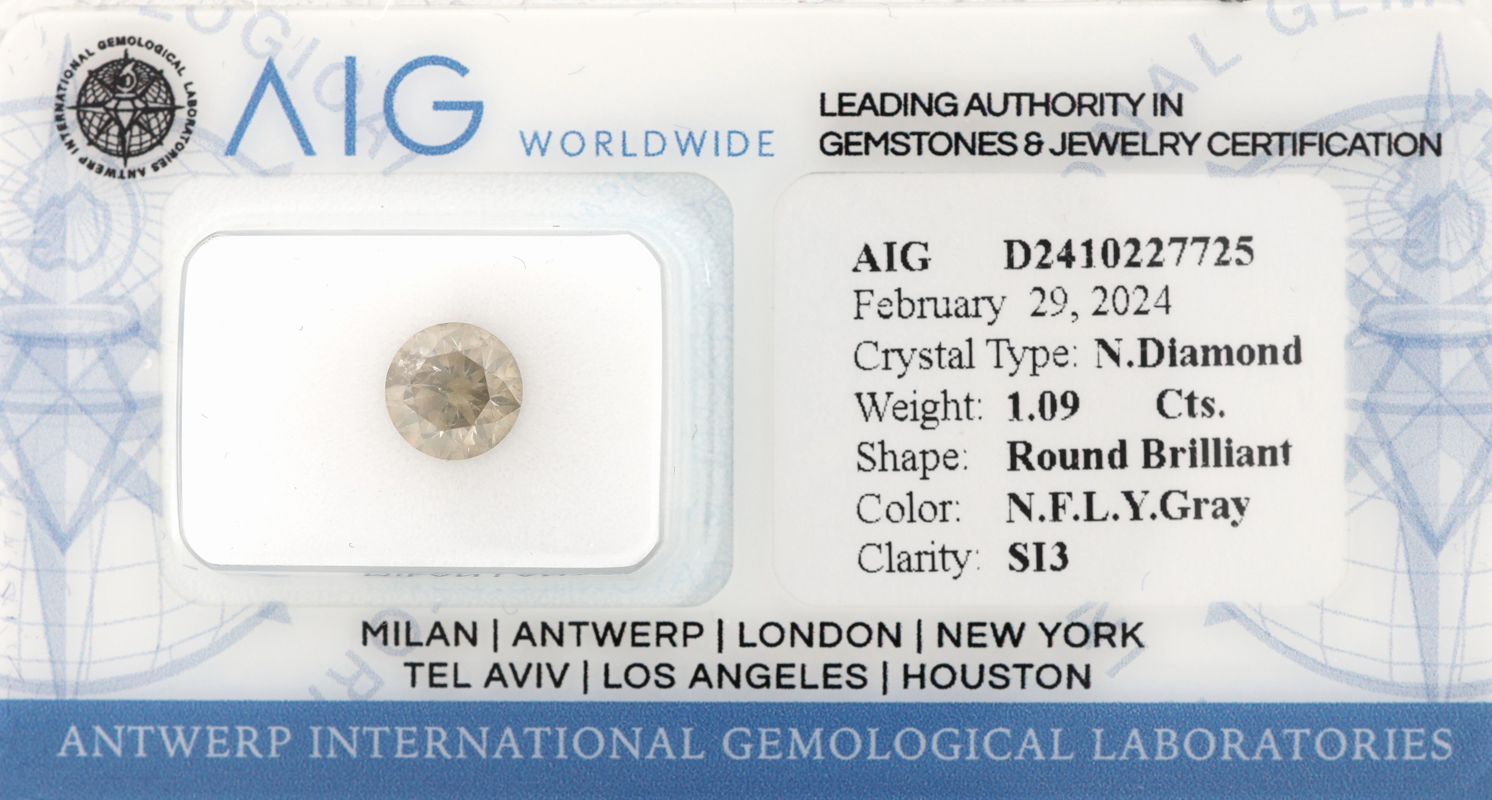 Loser Brillant 1.09 ct l.Gelb-Grau/si3, mitAIG-Expertise, verschweißt