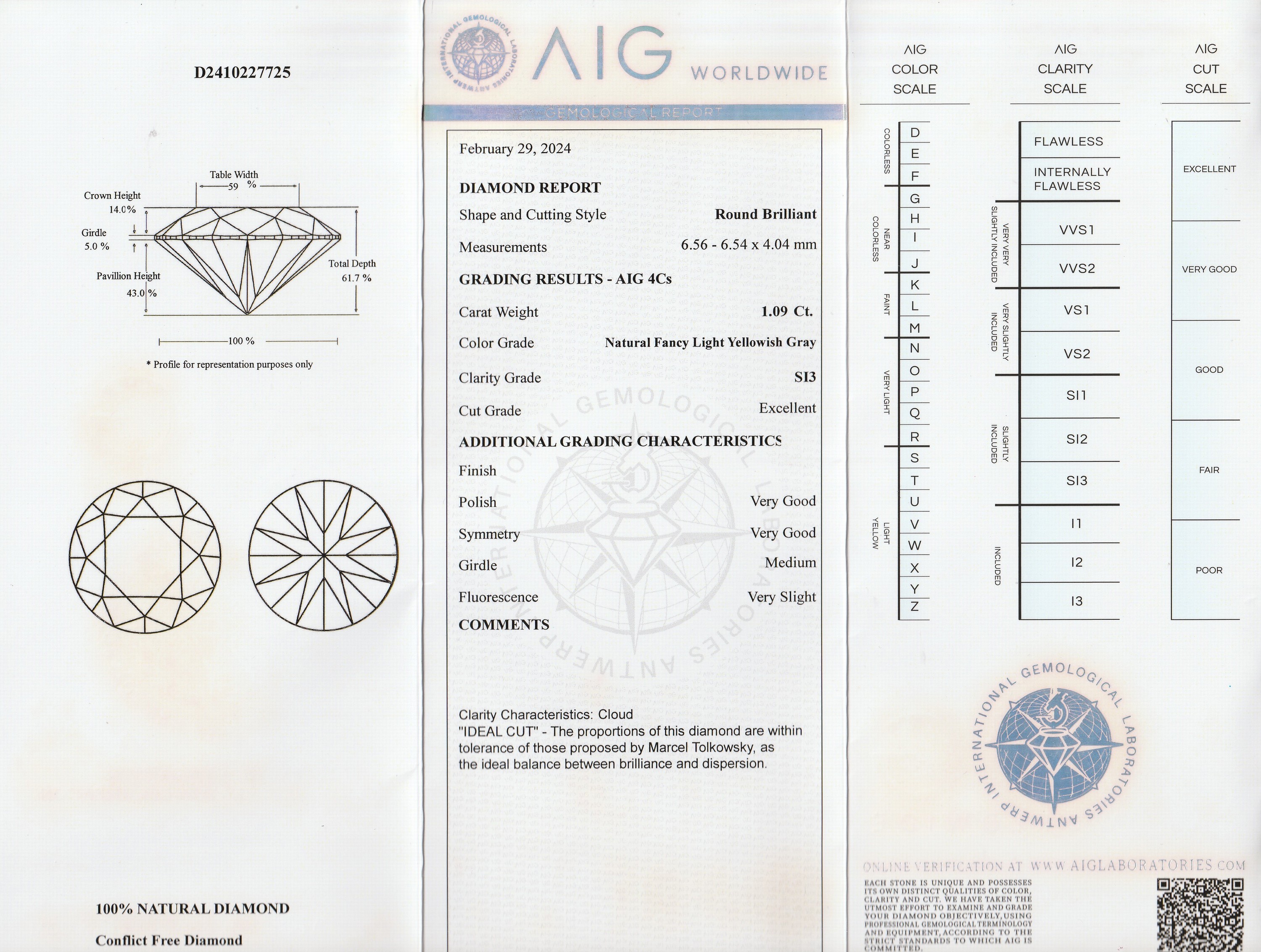 Detail a: Loser Brillant 1.09 ct l.Gelb-Grau/si3, mitAIG-Expertise, verschweißt