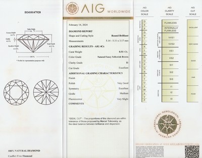 26860085a - Loser Brillant 0.51 ct, natural Fancy Gelb- Braun/pi, mit AIG-Expertise, verschweißt