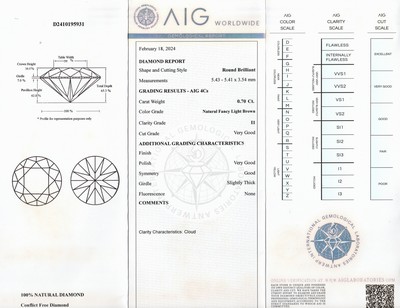 26860086a - Loser Brillant 0.70 ct, Braun/p1, mit AIG- Expertise, verschweißt