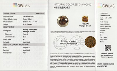 26860097a - Loser Brillant 0.82 ct fancy deep Orange/ Brown p1, mit GWLAB Expertise, verschweißt