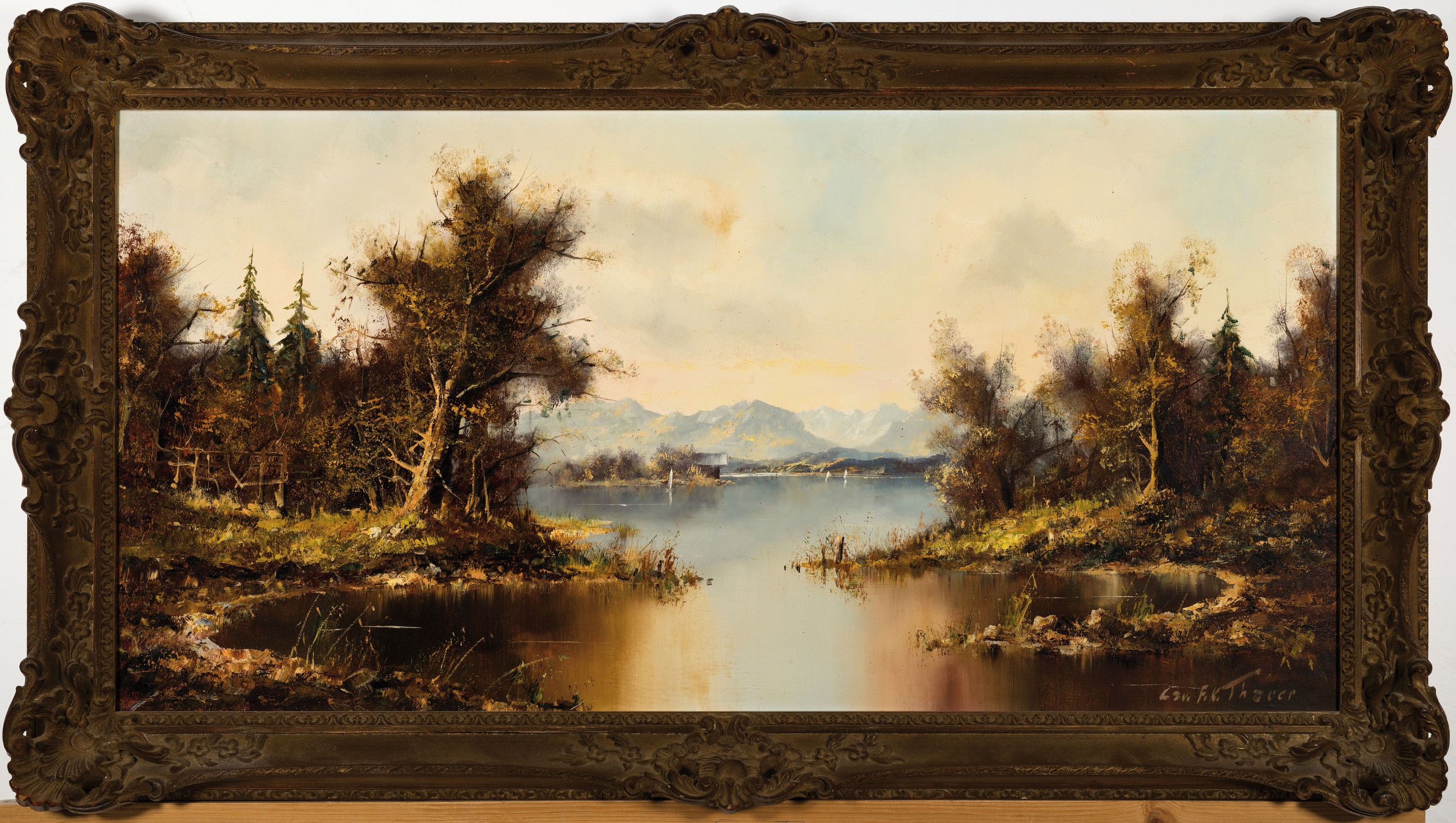 Detail k: Friedrich Karl Thauer, 1924-2009, Blick auf eine See in herbstlicher Voralpen- Landschaft, Öl/Lwd, rechts unten sign., ca. 50x100cm, R. ca. ...