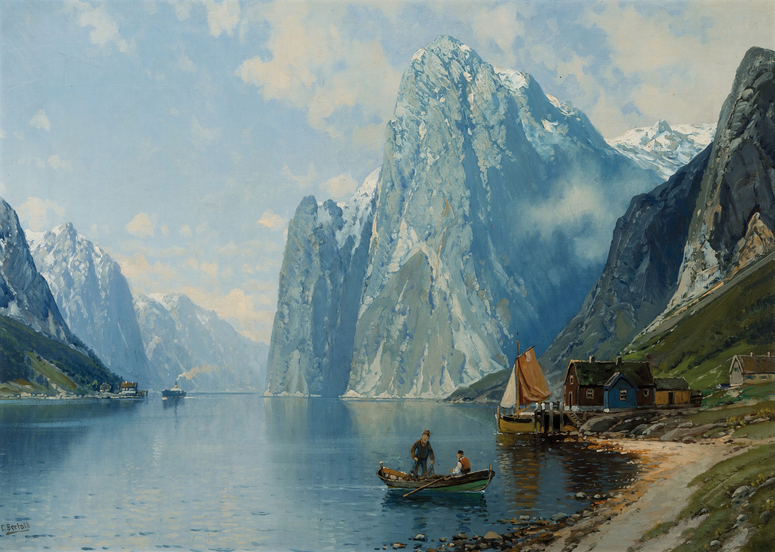 Carl Bertold, geb. 1870, Norwegische Fjordlandschaft, Öl/Lwd, links unten signiert, ca. 50x70cm, R. ca. 59x79cm