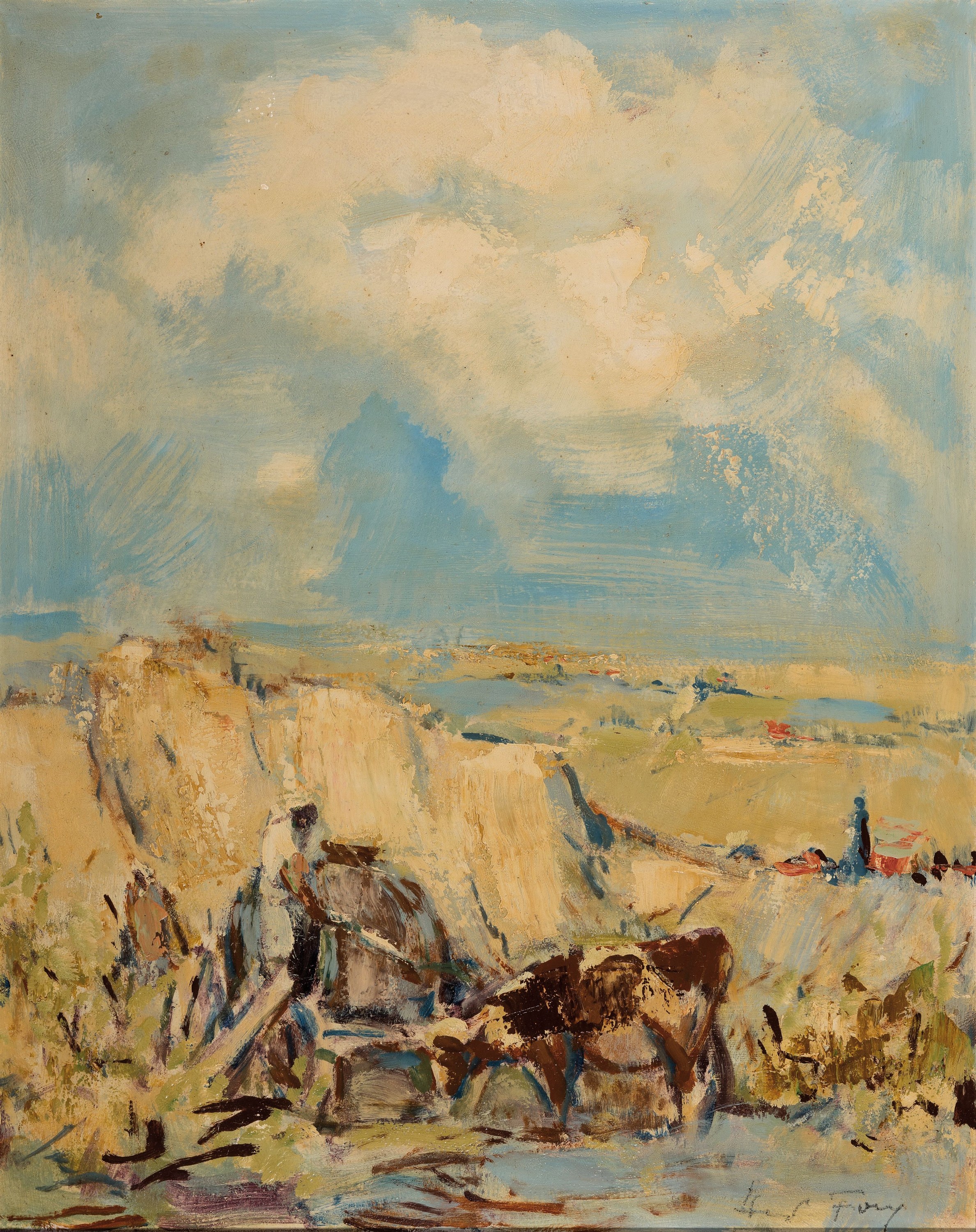 Hanns Fay, 1888 Frankenthal-1957 Neustadt/ Wstr., pfälzer Landschaft bei der Weinlese, Öl/Platte, re. u. sign., ca. 59x47cm, R. ca. 68x56cm