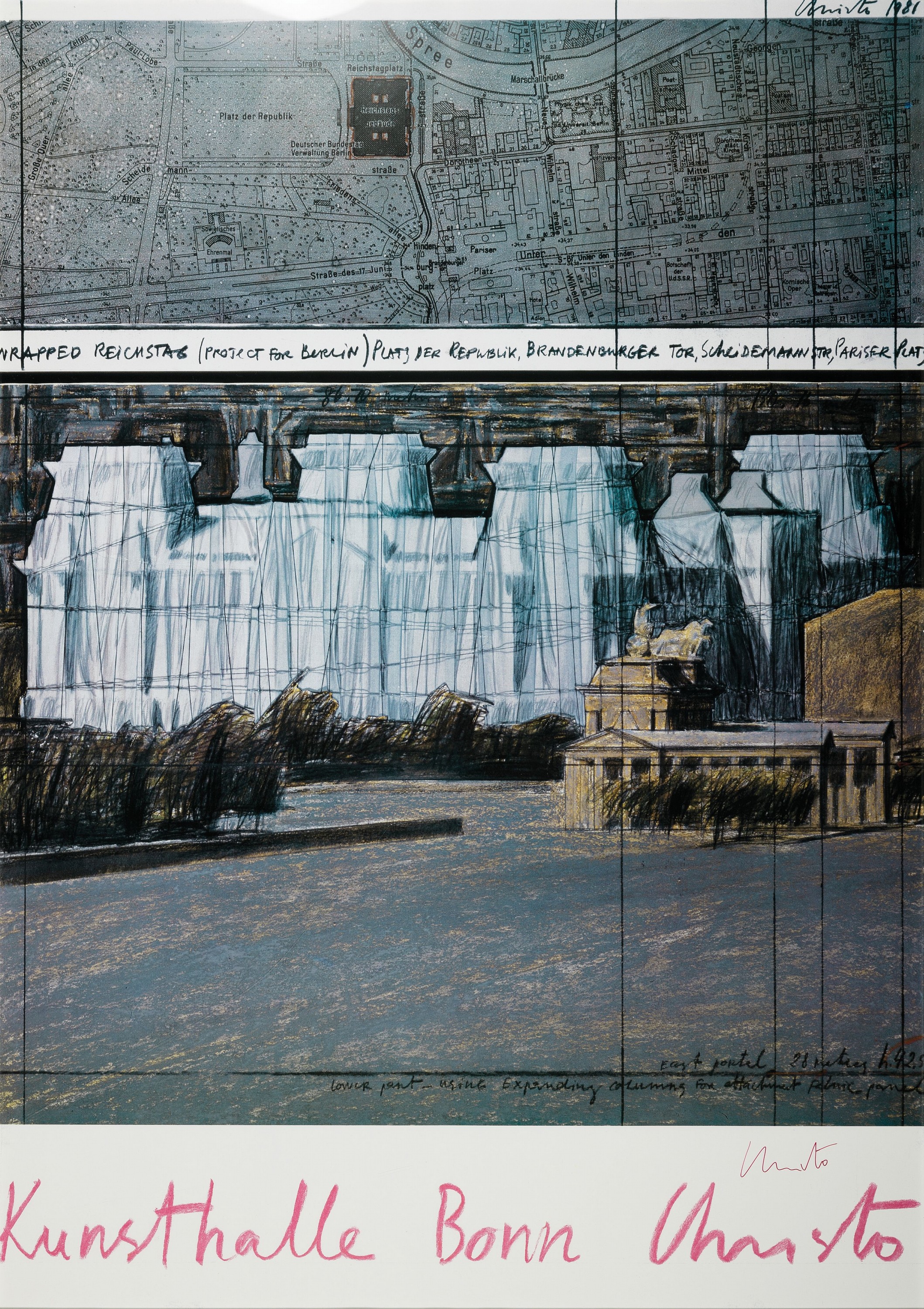 Christo und Jeanne-Claude wrapped Reichstag, Farboffset, handsign., Plakat zur Ausst. Kunsthalle Bonn 1983, ca. 85.5x60cm