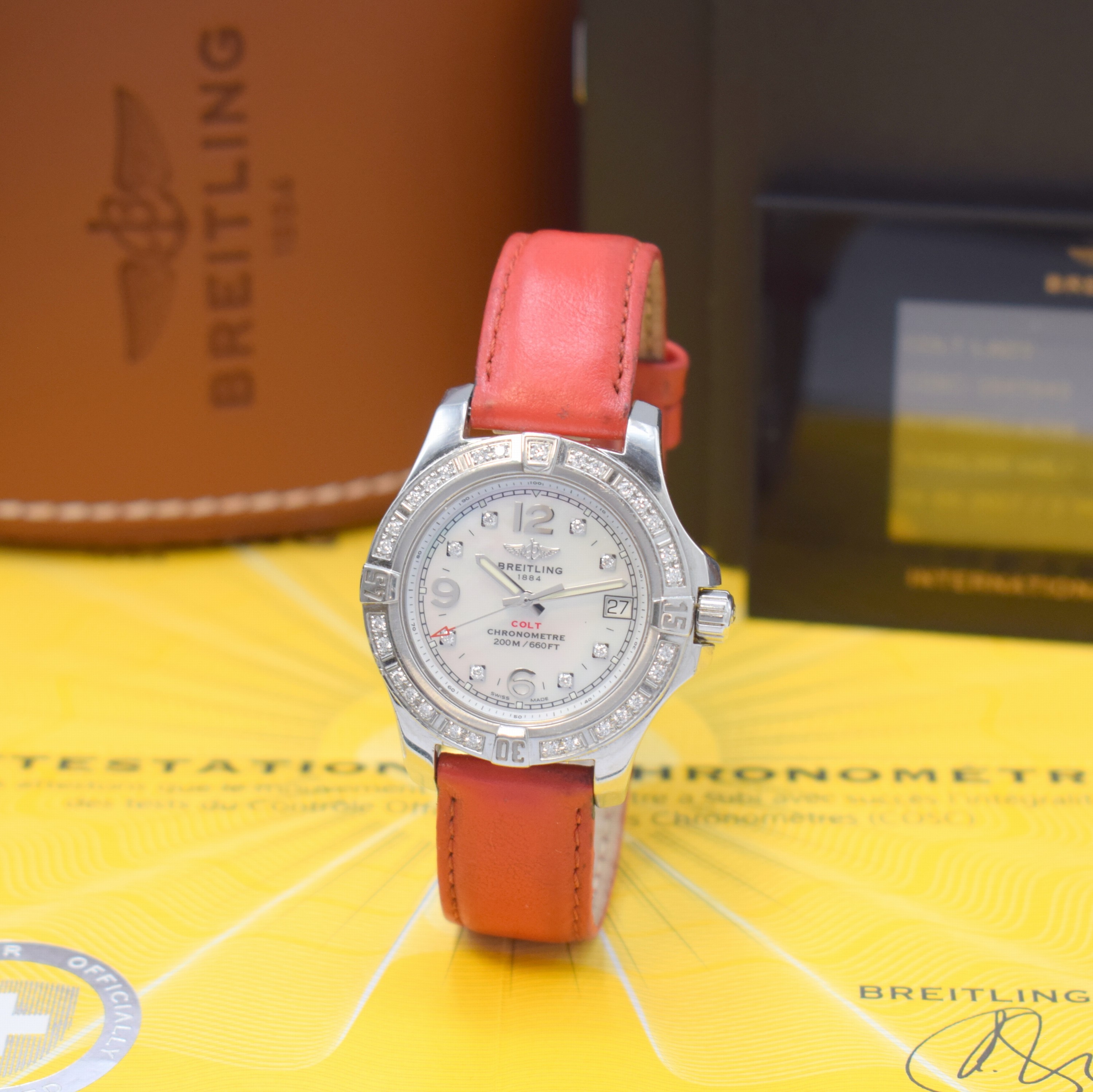 BREITLING Colt Armbanduhr Chronometer mit Diamanten Referenz A77388, Schweiz verk. lt. beil. Pap. 09/2017, quarz, Boden u. Krone verschr., m. ...