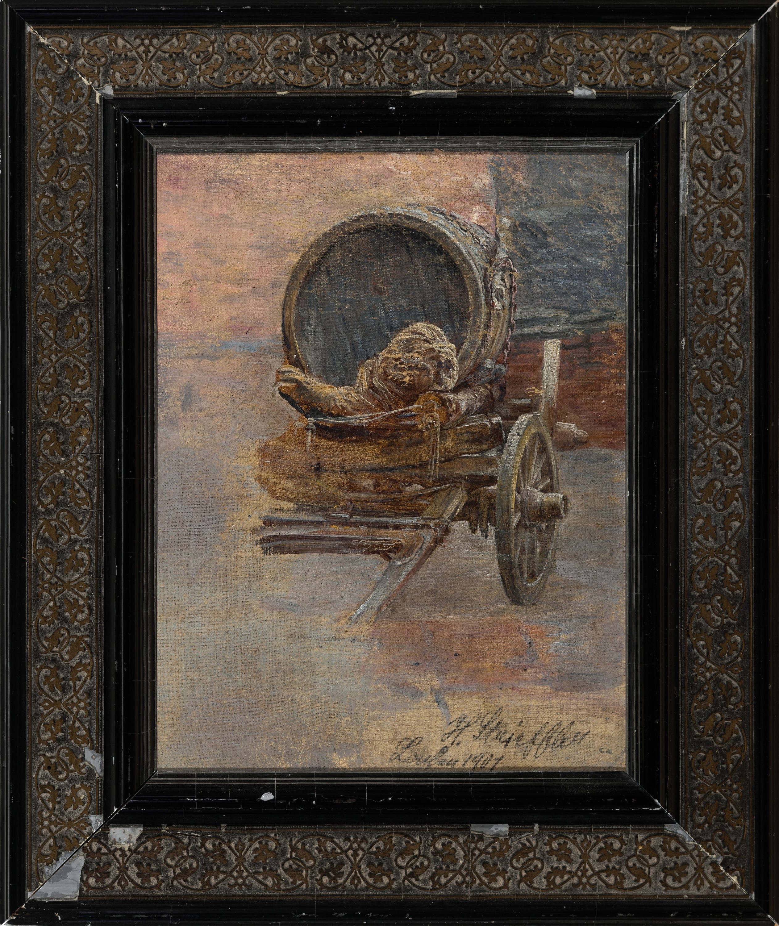 Detail k: Heinrich Strieffler, 1872 Neustadt-1949 Landau, beladener Holzwagen, Ölstudie auf Malkarton, rechts unten signiert und dat. Landau 1901, ca. ...