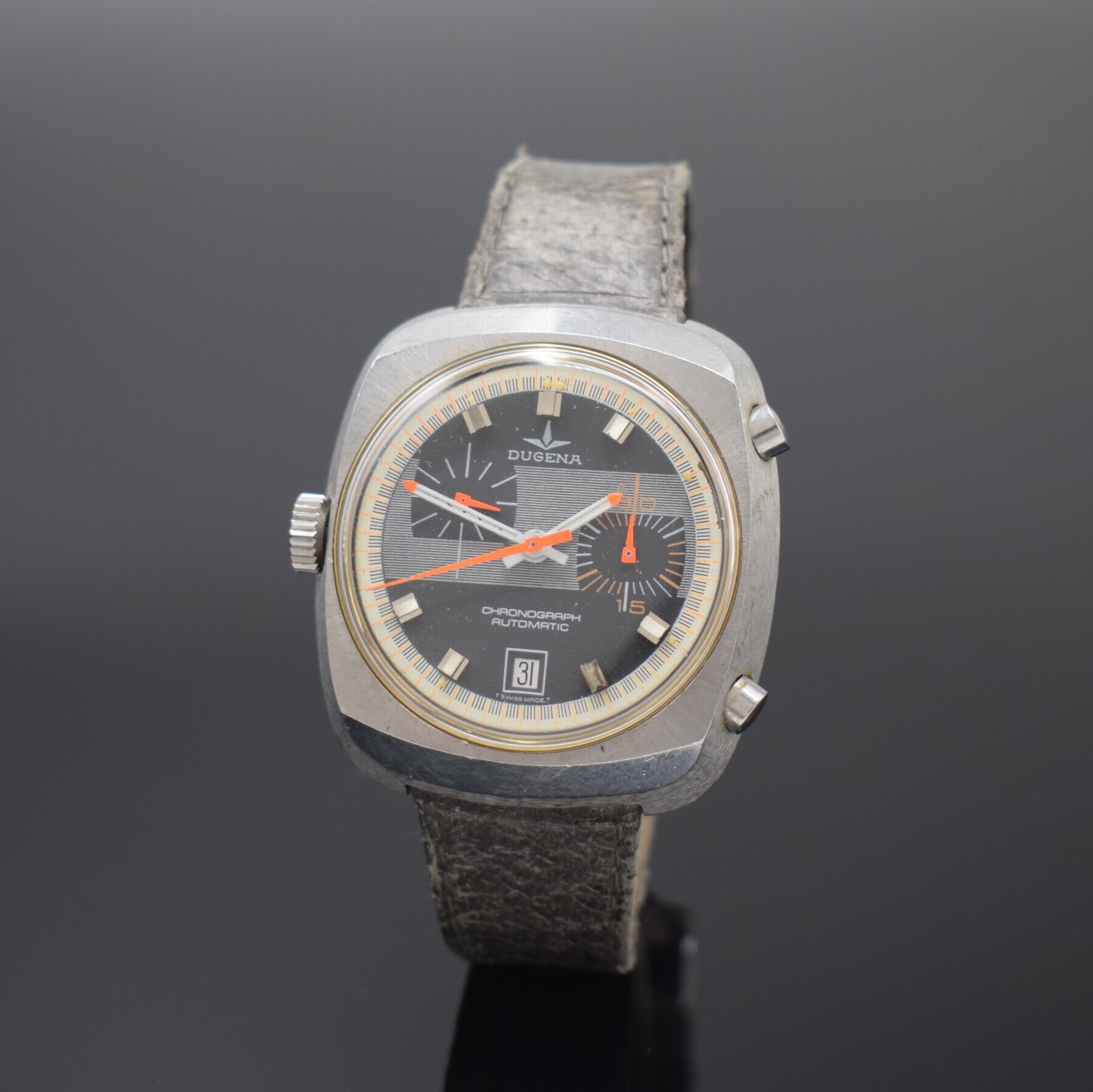 DUGENA seltener vintage Armbandchronograph, Schweiz um 1968, Automatik mit Microrotor, Edelstahlgeh., Boden verschr., 30 Min.- Stoppz., Index bei 5 ...
