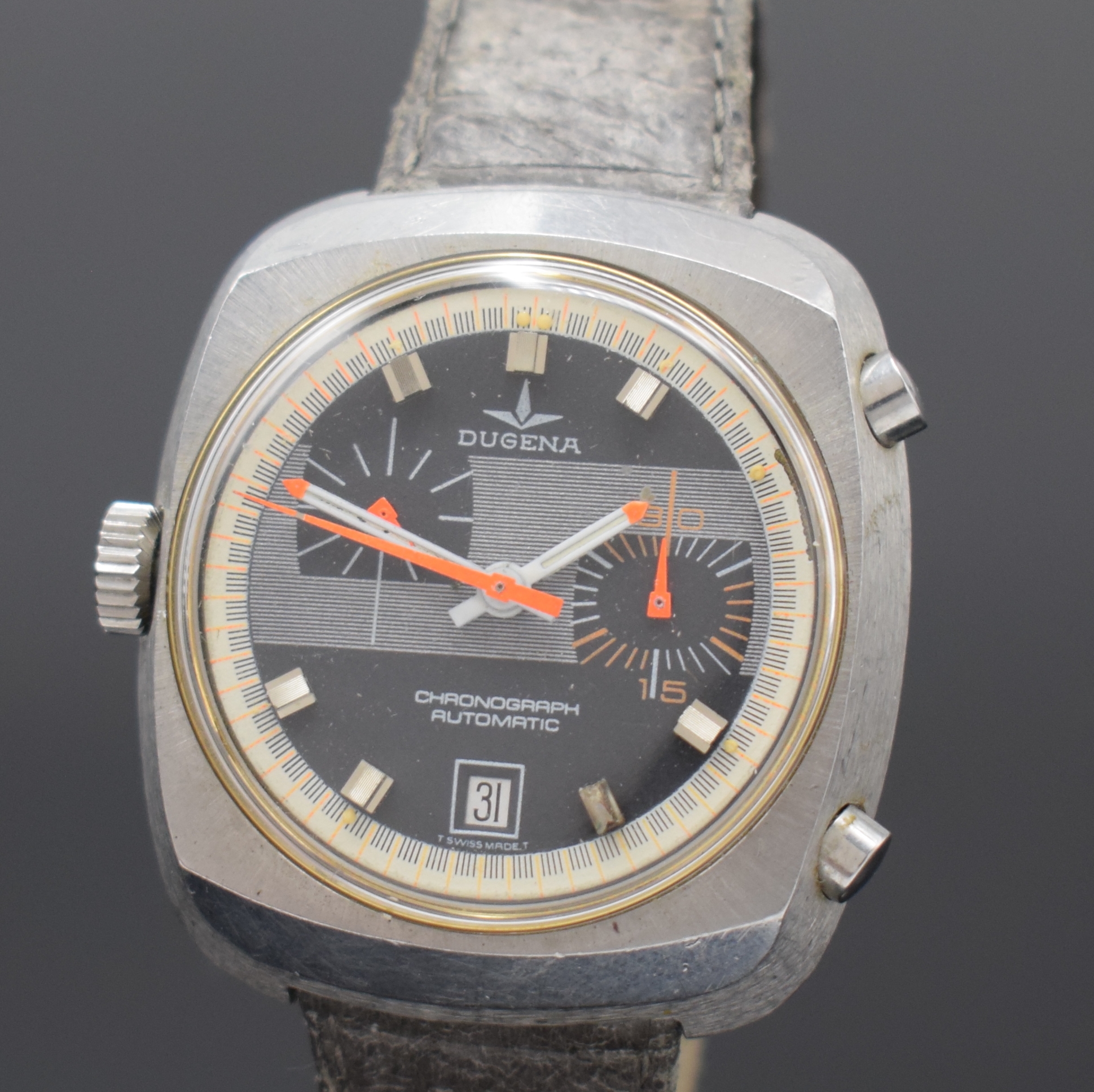 Detail a: DUGENA seltener vintage Armbandchronograph, Schweiz um 1968, Automatik mit Microrotor, Edelstahlgeh., Boden verschr., 30 Min.- Stoppz., Index bei 5 ...