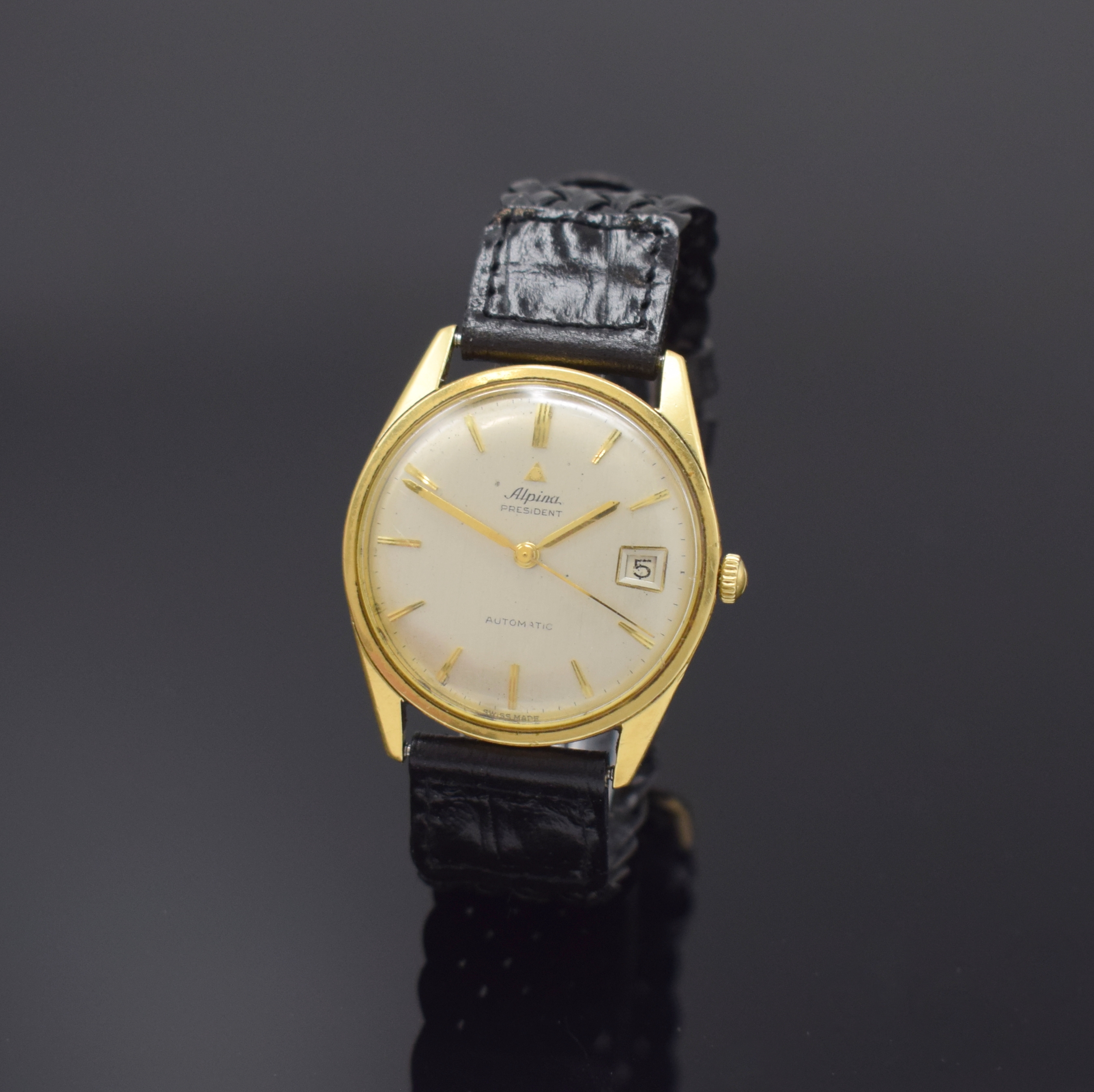 ALPINA President Herrenarmbanduhr in GG 750/000, Automatik, Schweiz 1960er Jahre, Boden geschr., silb. Zifferbl. m. aufgel. Indizes, Zentralsek., ...