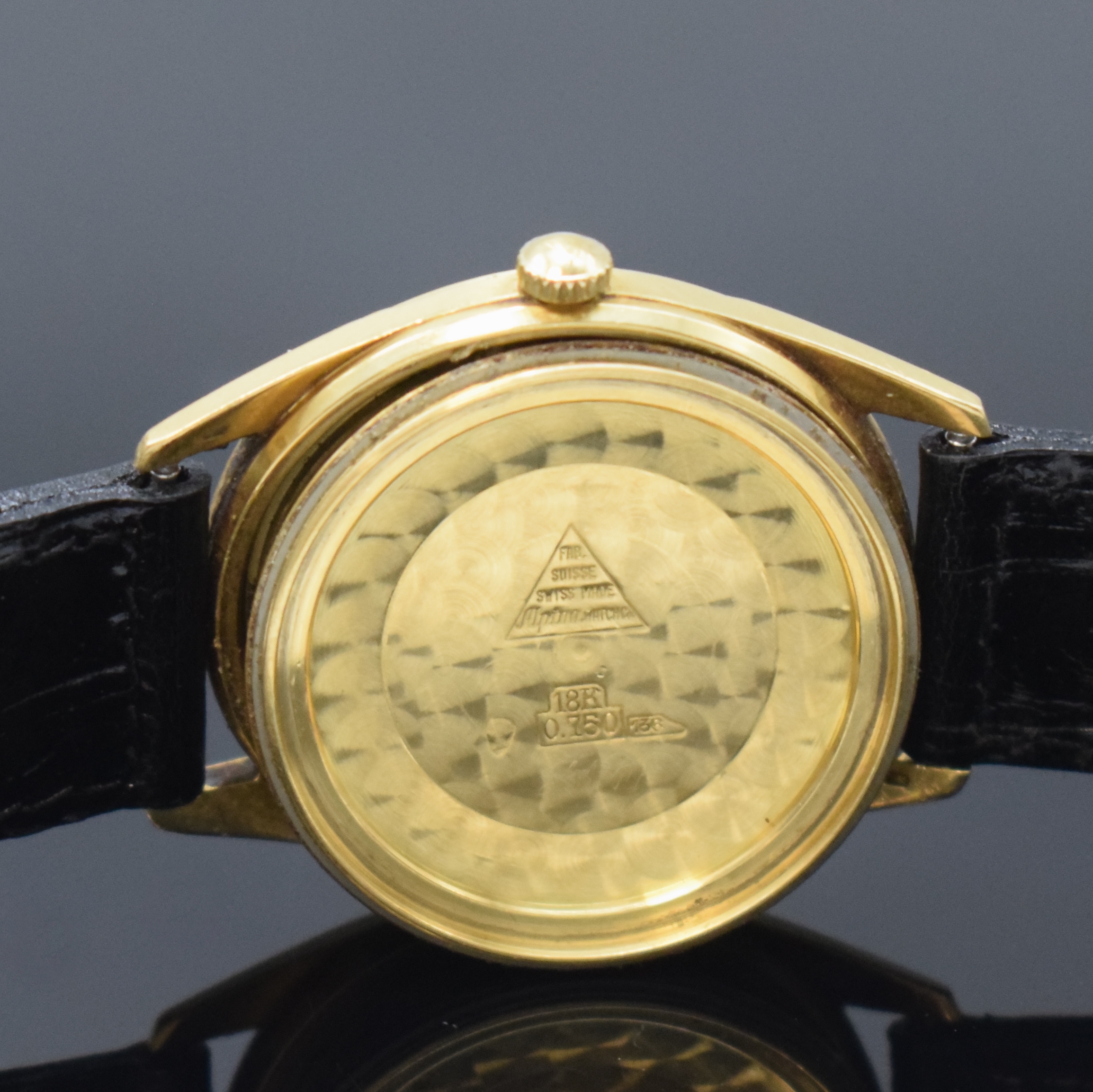 Detail f: ALPINA President Herrenarmbanduhr in GG 750/000, Automatik, Schweiz 1960er Jahre, Boden geschr., silb. Zifferbl. m. aufgel. Indizes, Zentralsek., ...