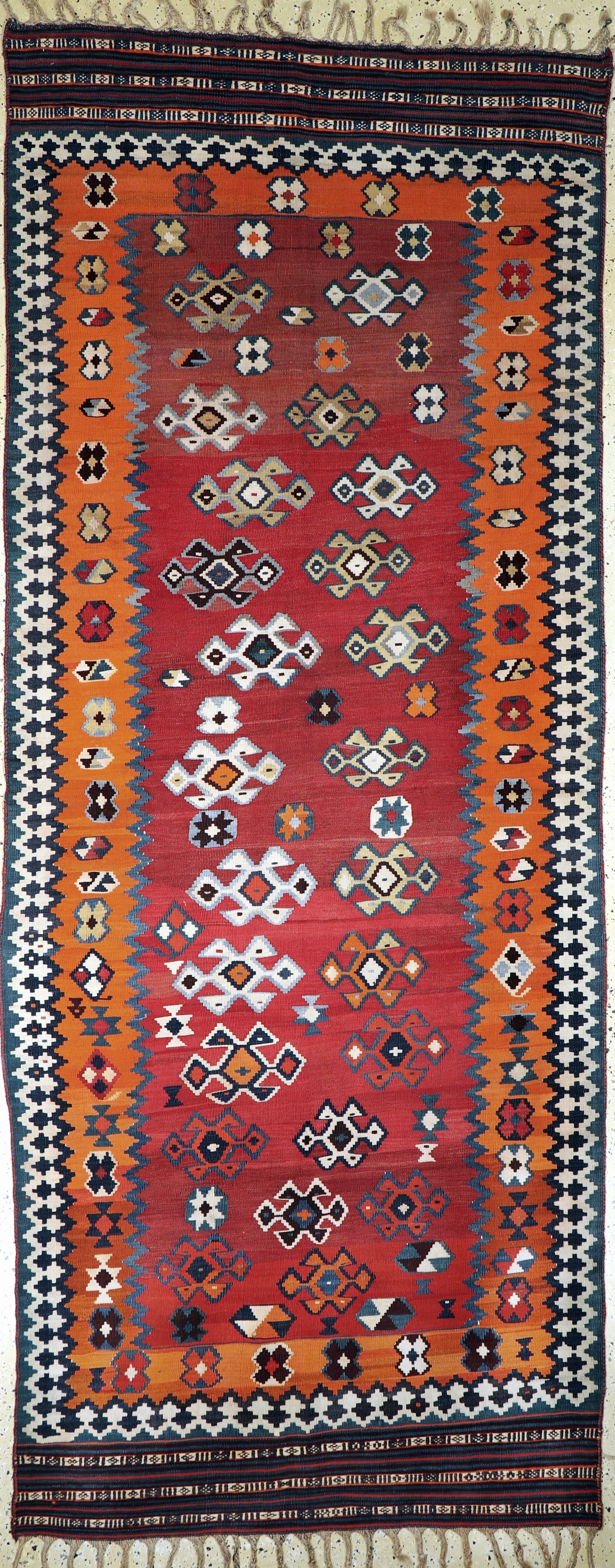 Ghaschgai Kelim antik, Persien, um 1900, Wolle auf Wolle, ca. 334 x 131 cm, EHZ: 1-2