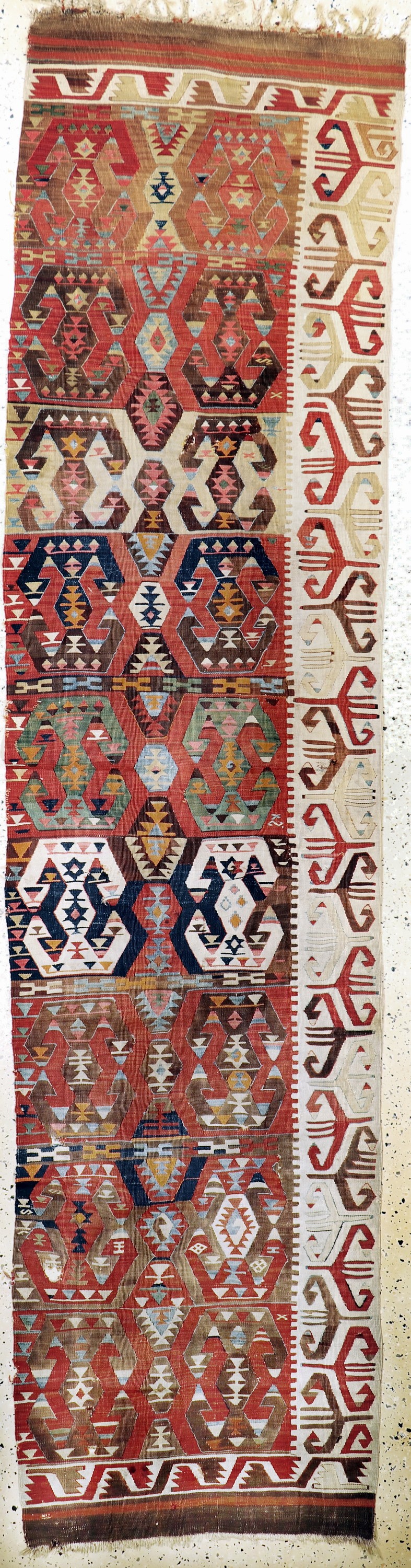 Aydin Kelim antik, Türkei, um 1900, Wolle auf Wolle, ca. 340 x 83 cm, EHZ: 3-4