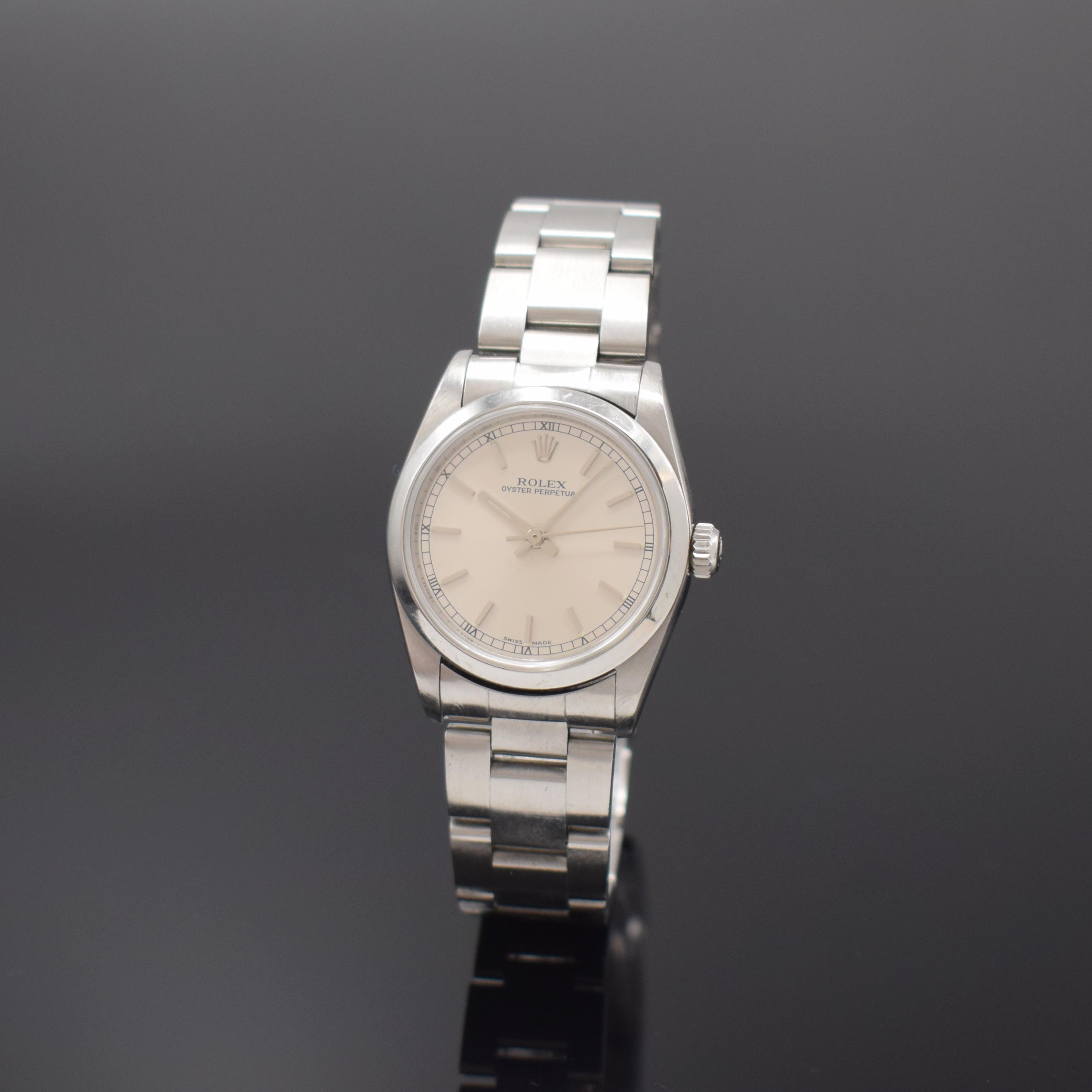ROLEX Mediumarmbanduhr Oyster Perpetual Referenz 77080, Automatik, Schweiz um 2002, Edelstahlgeh. inkl. Oysterband m. Faltschl., Boden und Krone ...