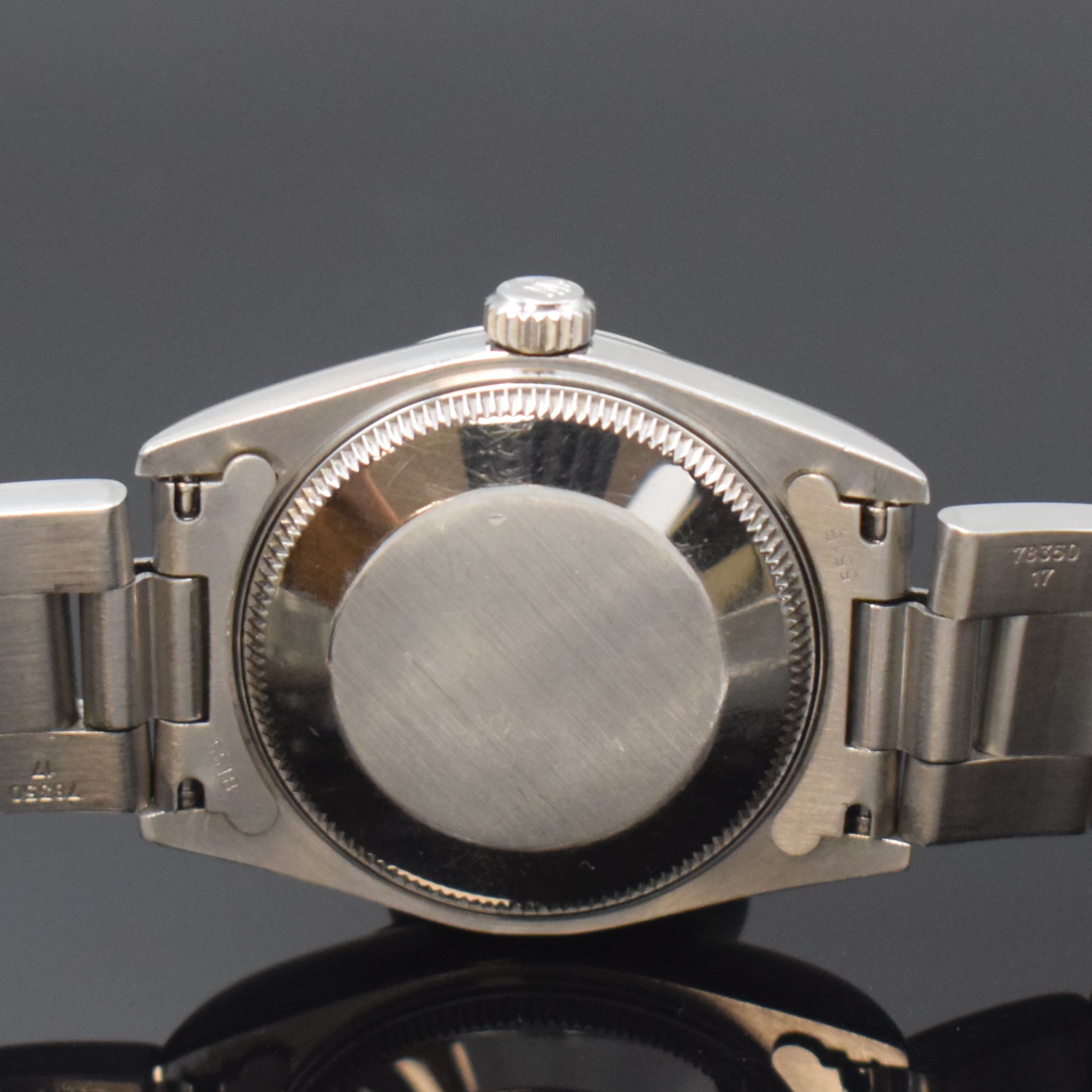 Detail d: ROLEX Mediumarmbanduhr Oyster Perpetual Referenz 77080, Automatik, Schweiz um 2002, Edelstahlgeh. inkl. Oysterband m. Faltschl., Boden und Krone ...