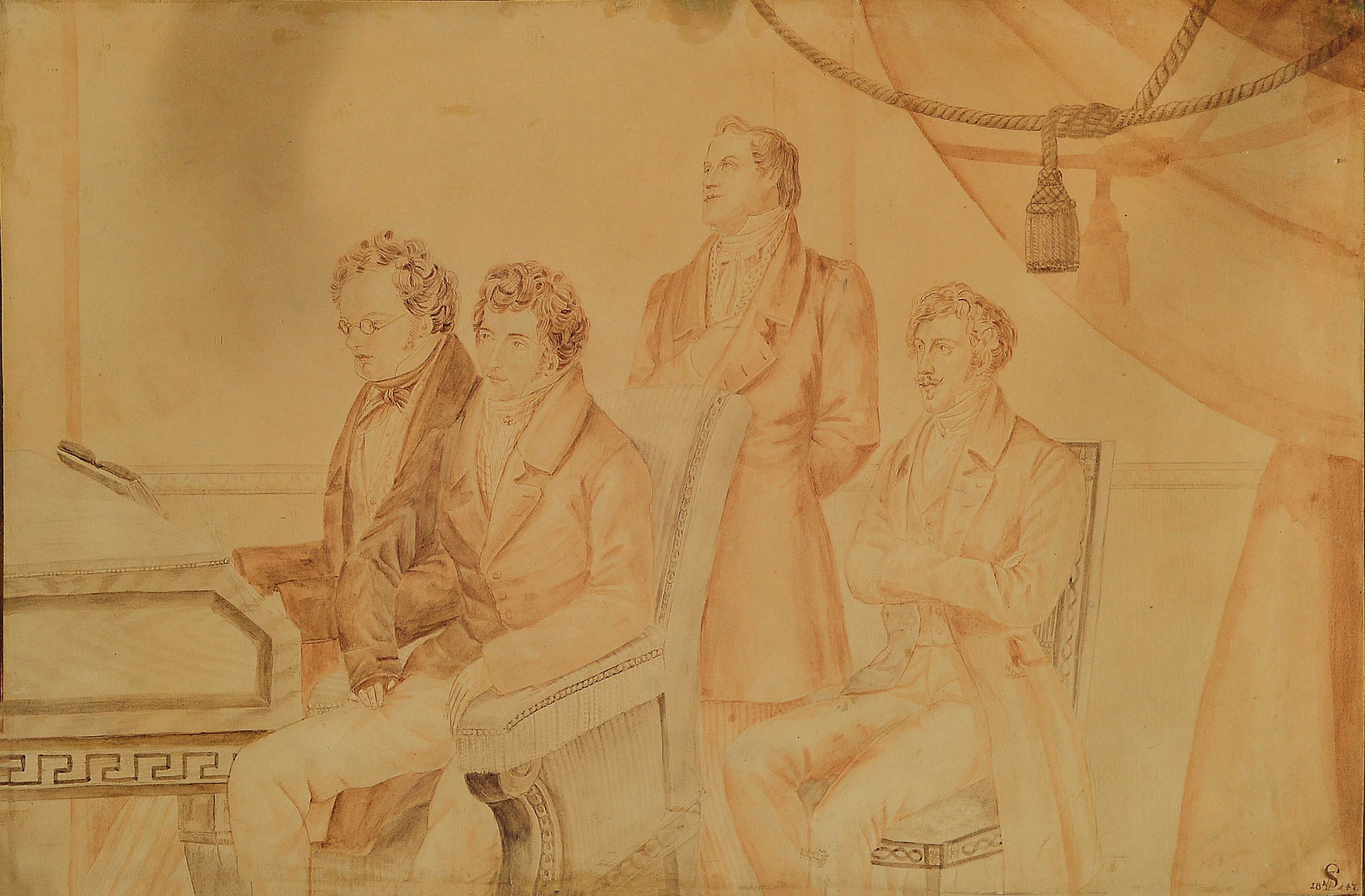 Monogrammist SL 1847, Franz Schubert mit Kollegen am Klavier,, aufwendig handgemalterPP., re. u. monogrammiert und dat. 1847, unter Glas, Rahmen, ...