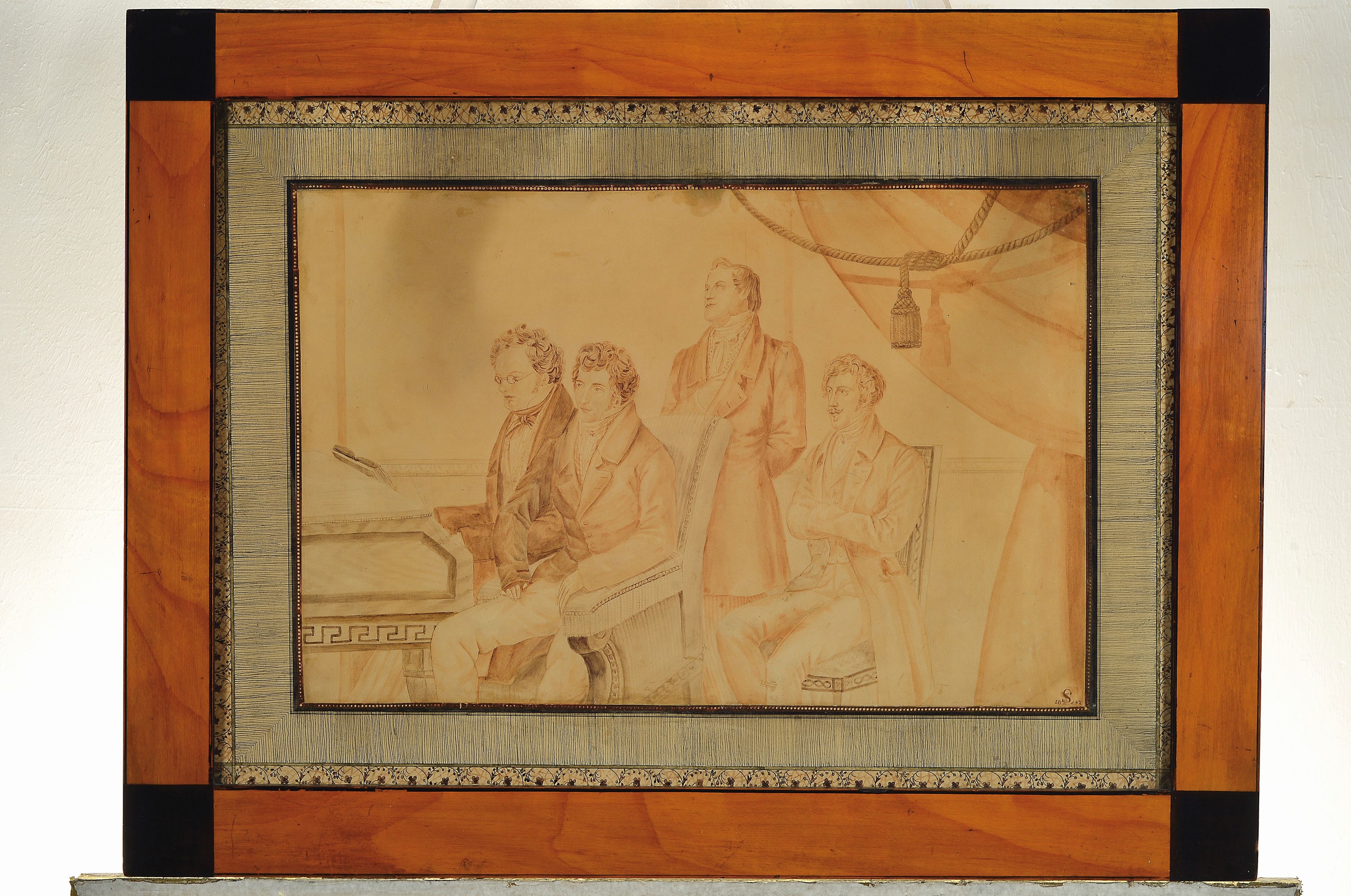 Detail k: Monogrammist SL 1847, Franz Schubert mit Kollegen am Klavier,, aufwendig handgemalterPP., re. u. monogrammiert und dat. 1847, unter Glas, Rahmen, ...