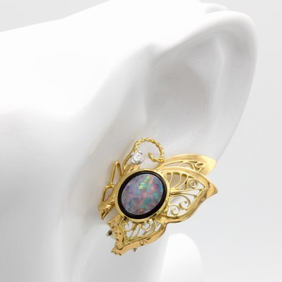 26862502a - Paar Ohrstecker "Schmetterling" mit Opalen, Onyxen und Brillanten, GG 750/000, ...
