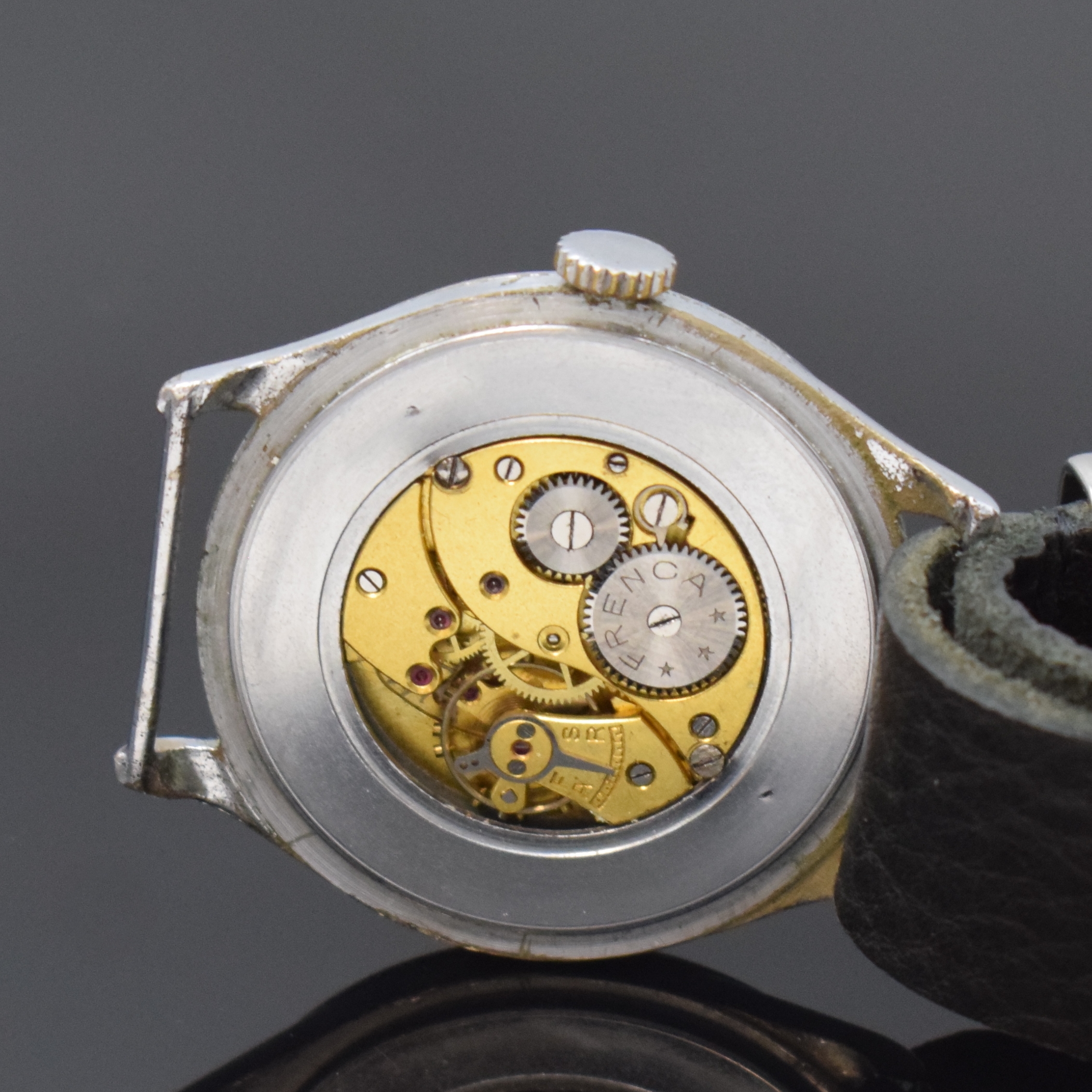 Detail e: FRENCA Antimagnetique seltene, große Armbanduhr, Schweiz/Deutschland um 1940, verchromtes Gehäuse altersbed. ber., Edelstahlboden aufgedr., silb. ...