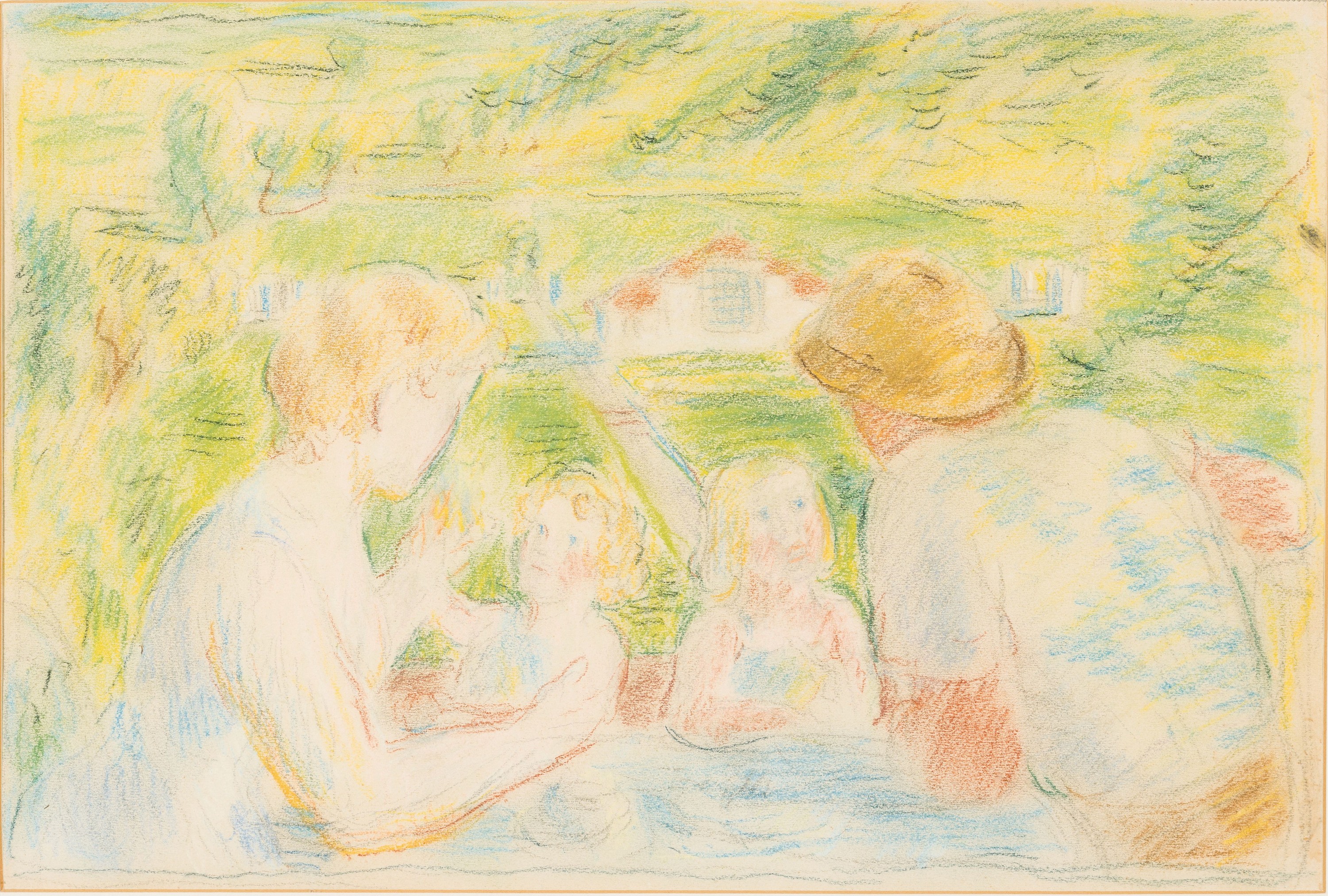 Albert Haueisen, 1872 Stuttgart - 1954 Kandel , zwei Zeichnungen: 1x Pastell, Familie im Grünen, rückseitig mit Nachlassstempel Nr. 154und sign. ...