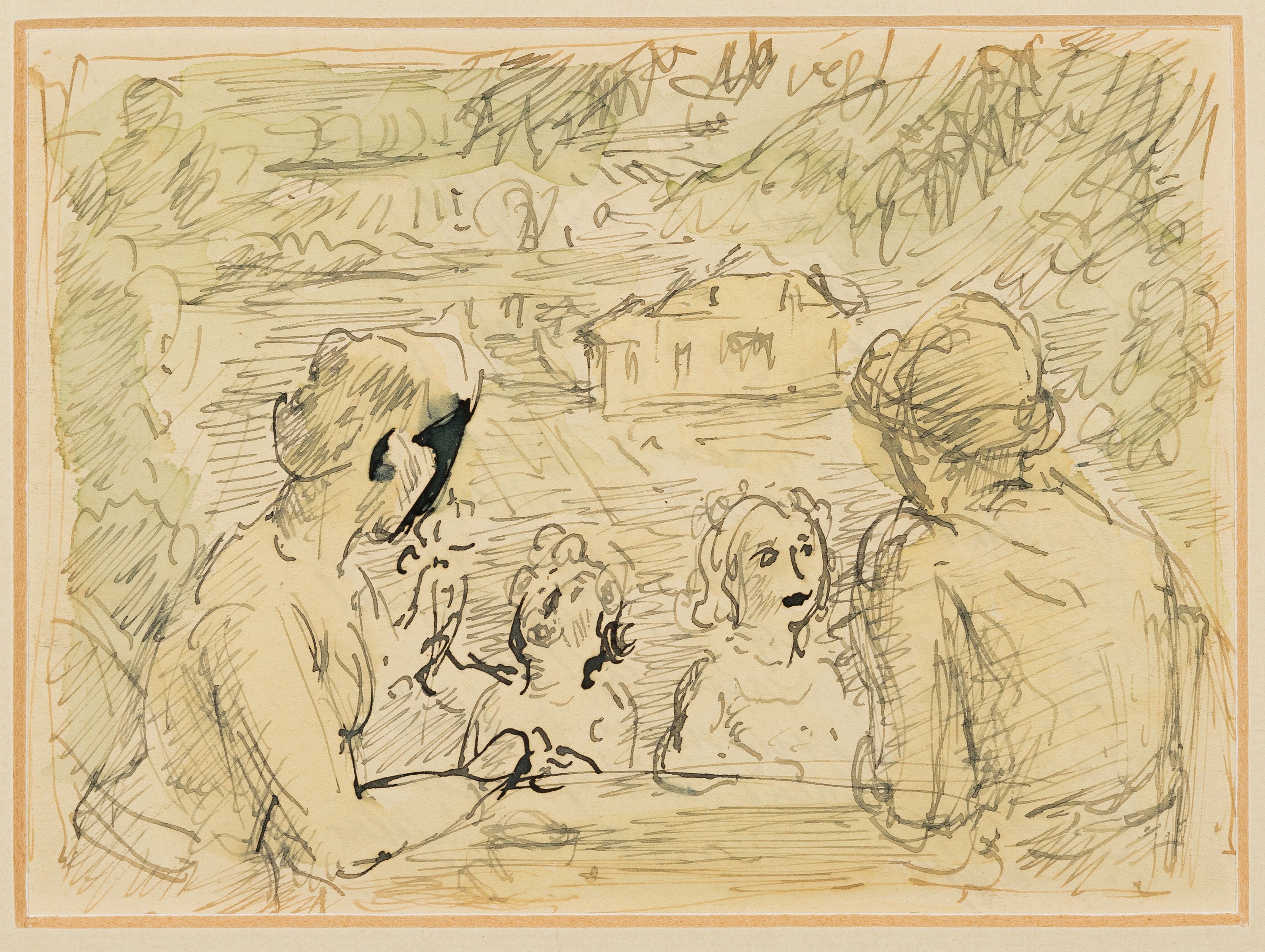 Detail a: Albert Haueisen, 1872 Stuttgart - 1954 Kandel , zwei Zeichnungen: 1x Pastell, Familie im Grünen, rückseitig mit Nachlassstempel Nr. 154und sign. ...