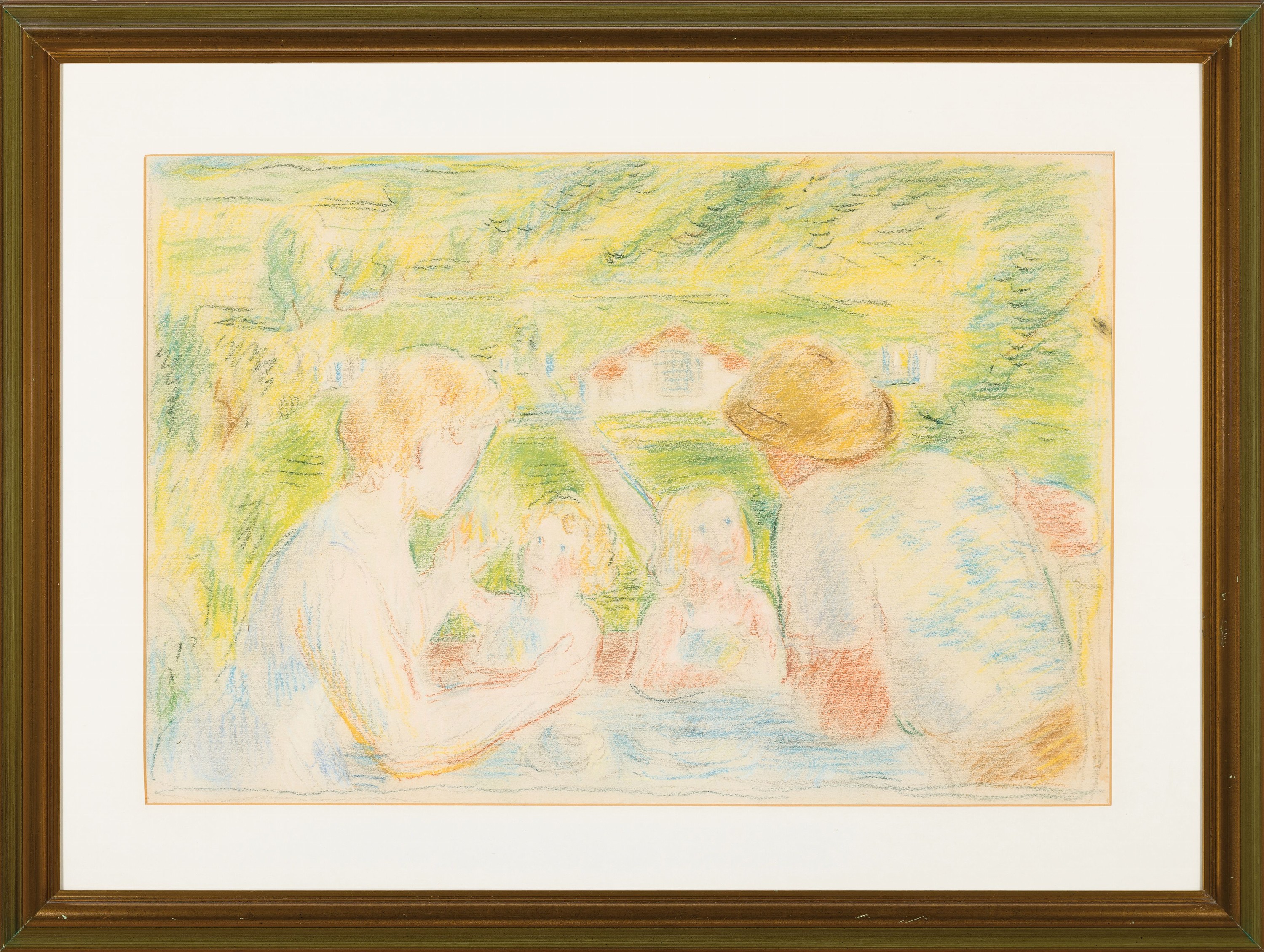 Detail k: Albert Haueisen, 1872 Stuttgart - 1954 Kandel , zwei Zeichnungen: 1x Pastell, Familie im Grünen, rückseitig mit Nachlassstempel Nr. 154und sign. ...