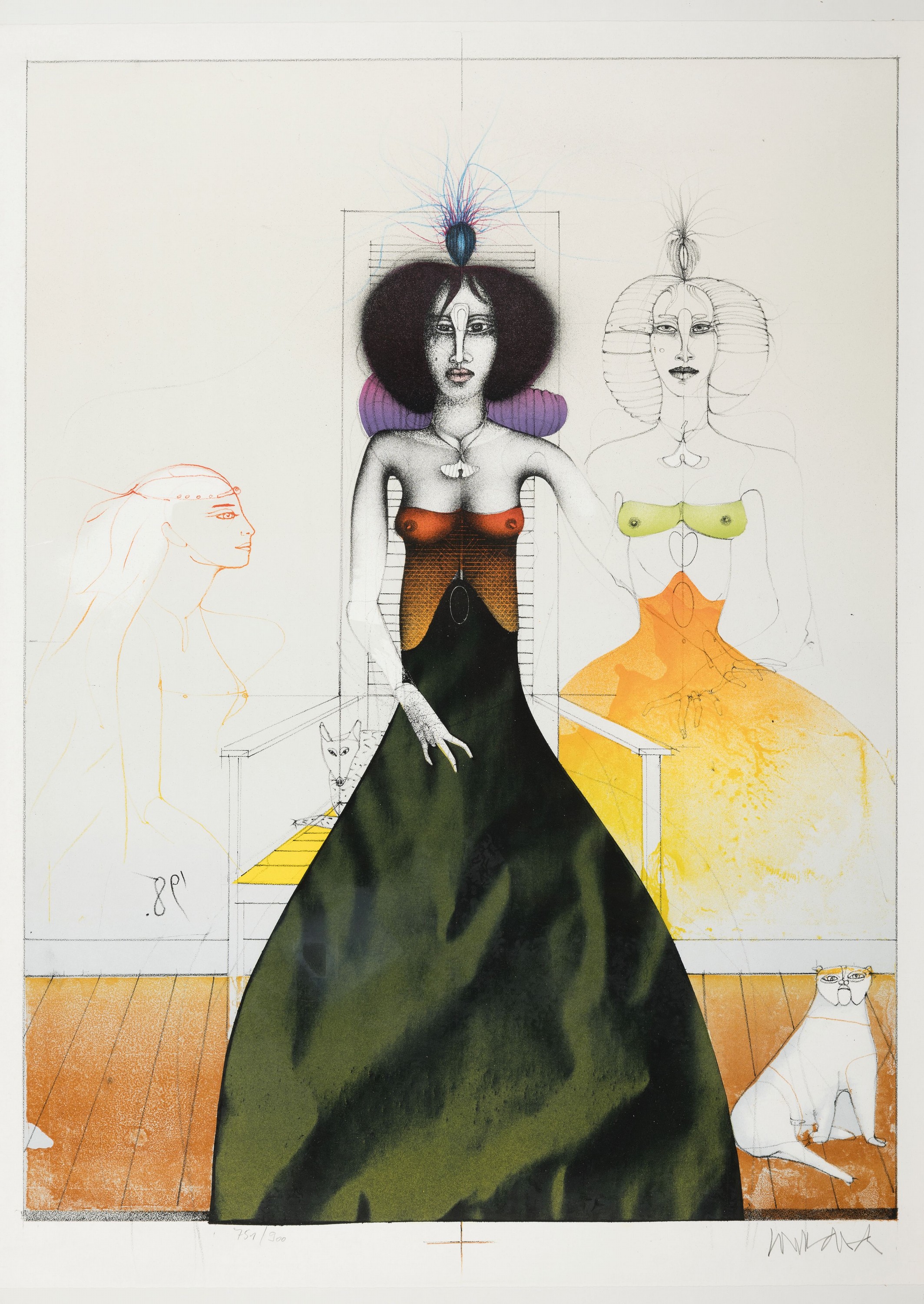 Detail d: Paul Wunderlich, 1927-2010, Konvolut aus 5 Farblithografien, je sign., num., je unter Glas gerahmt, je unterschiedlich groß, 2x70x51 cm, 3x50x60 cm