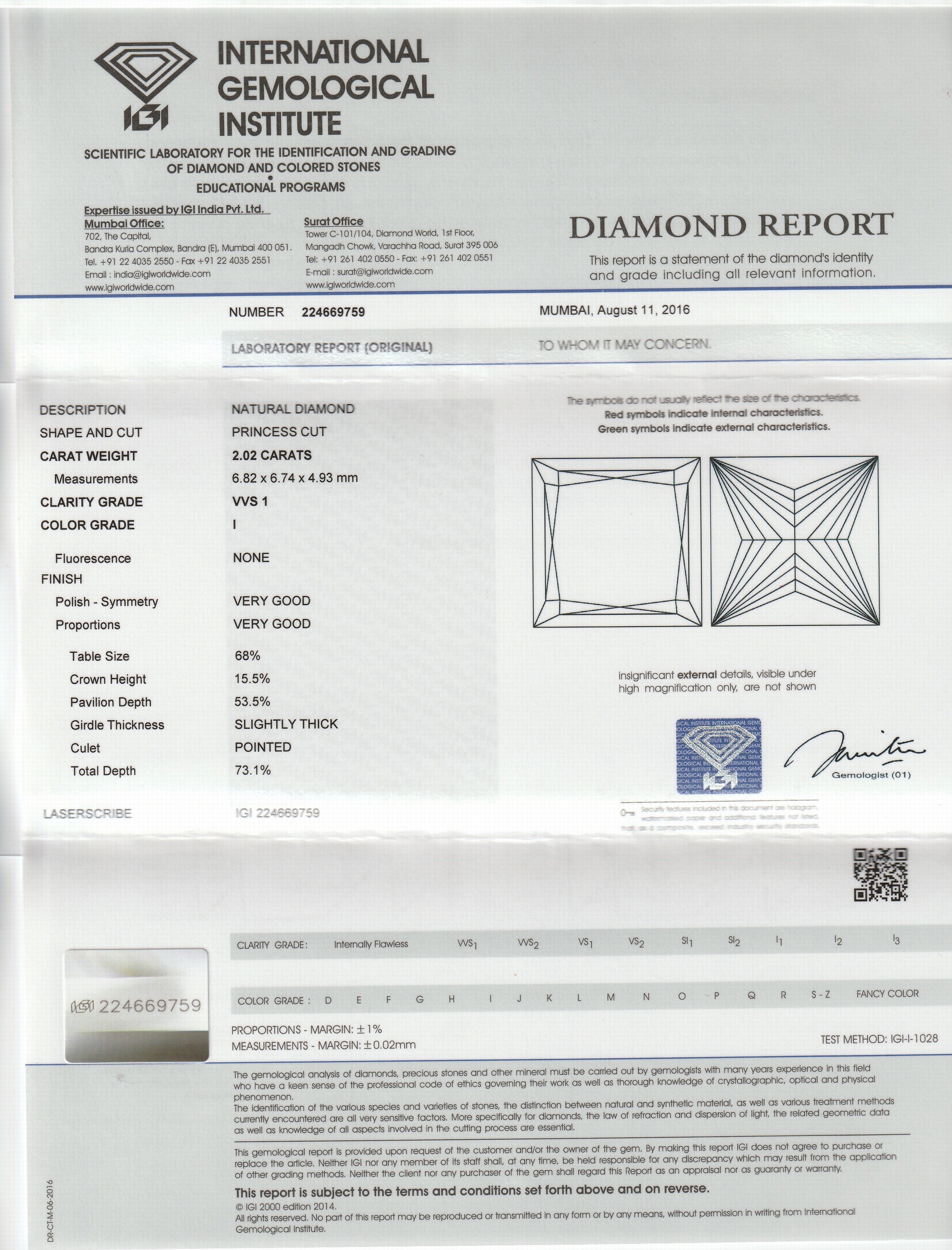 Detail a: 18 kt Gold Diamant Ring, WG 750/000, Diamant im Princess-Cut ca. 2.02 ct l.get. Weiß(I)/vvs1, in Krappenfassung, RW 62, ca. 4.6 g, IGI Expertise ...