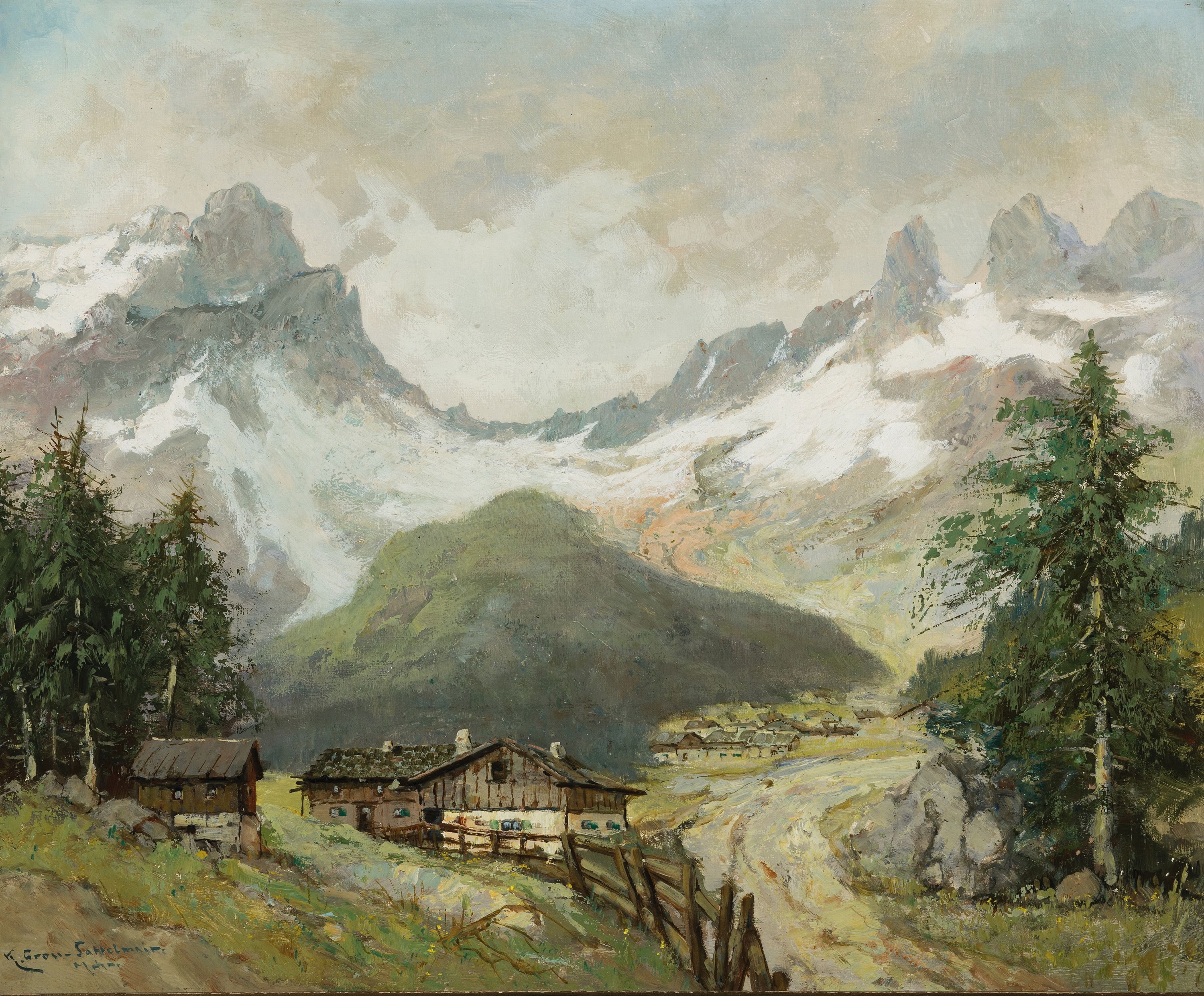 Karl Gross-Sattelmair, 1881 München-1931, Studium an der Akademie München bei Karl Raupp, "Im Gauertal mit den Drei Türmen", Öl/Karton, ...