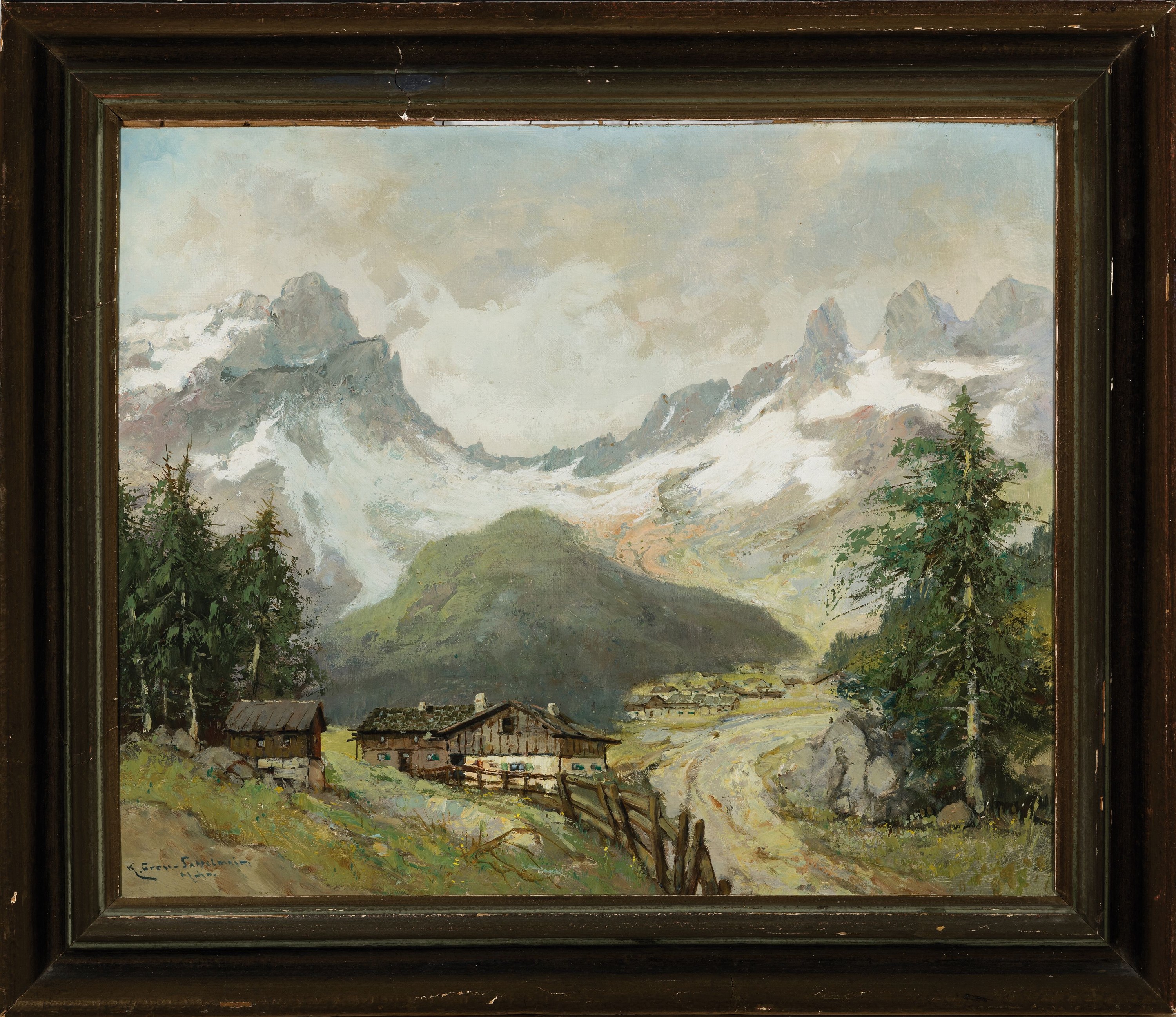 Detail k: Karl Gross-Sattelmair, 1881 München-1931, Studium an der Akademie München bei Karl Raupp, "Im Gauertal mit den Drei Türmen", Öl/Karton, ...