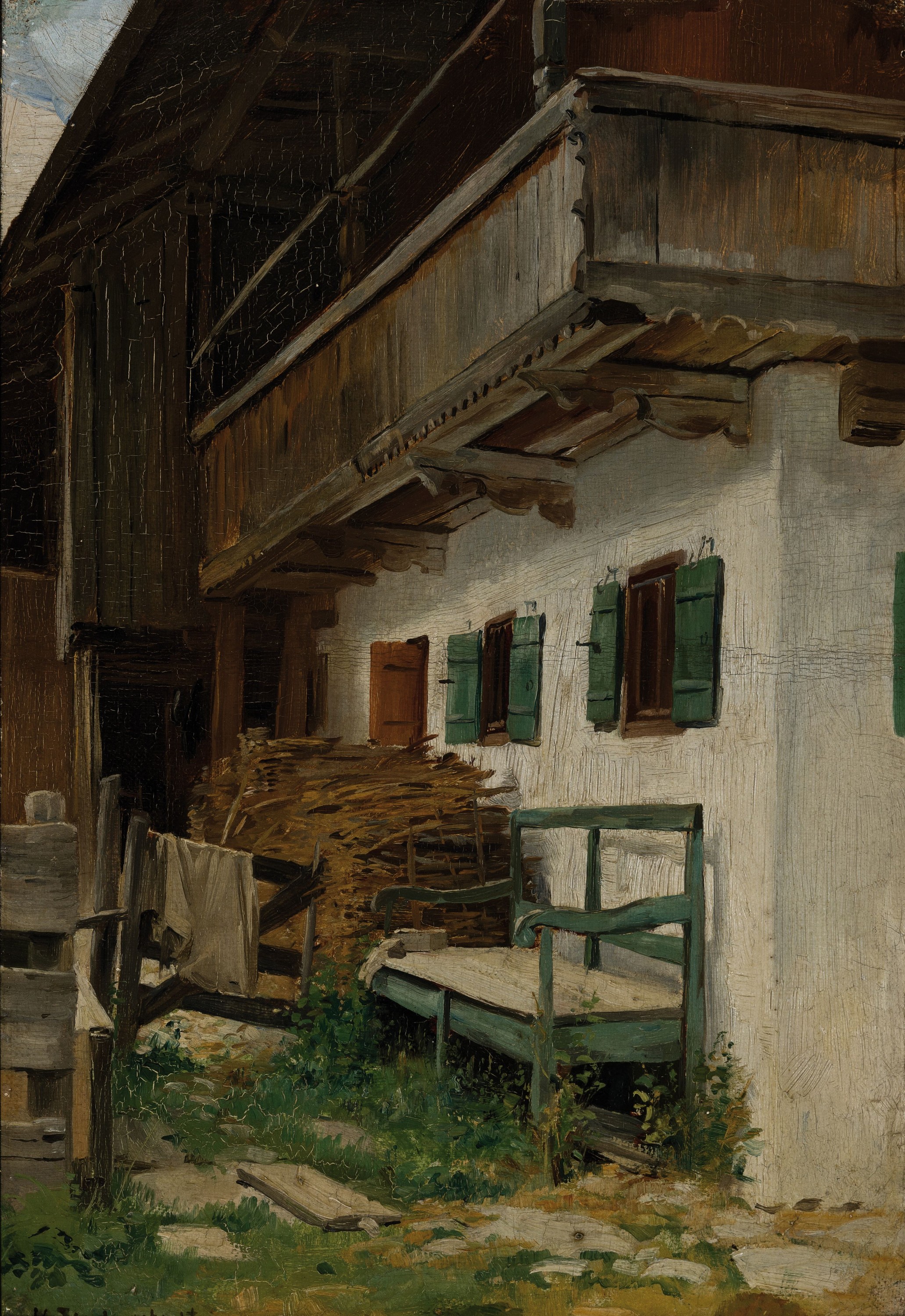 Prof. Hermann Lindenschmit, 1857 Frankfurt/Main-1939 München, oberbayrisches Bauernhaus, 1890er-Jahre, Öl/Karton, links unten signiert, 33x23 cm, ...